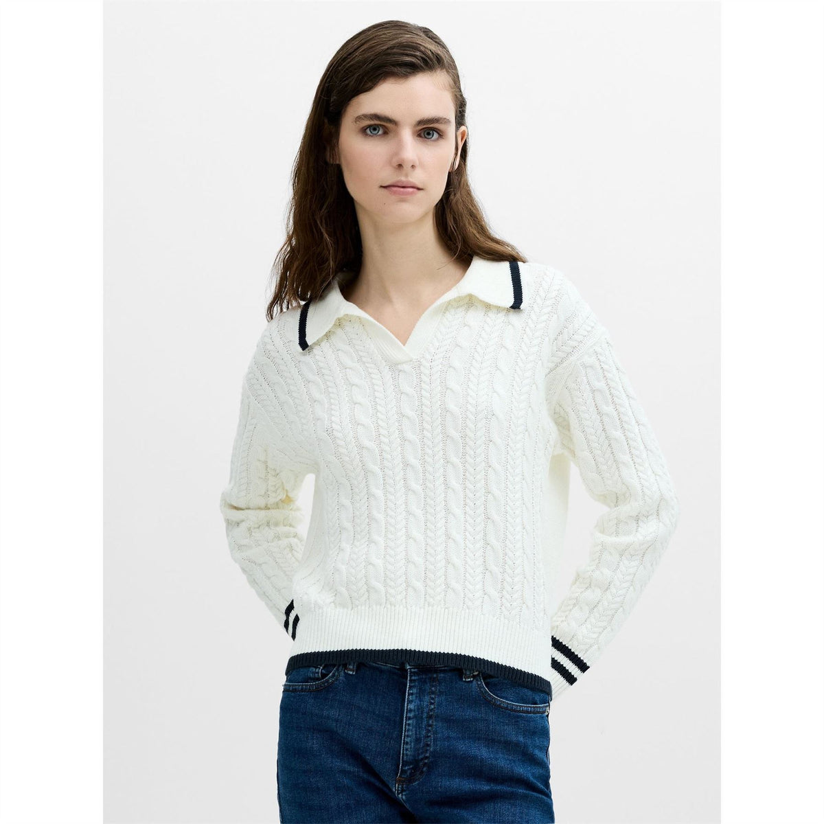 French Connection Klara Cable Knit V Neck Long Sleeve Jumper