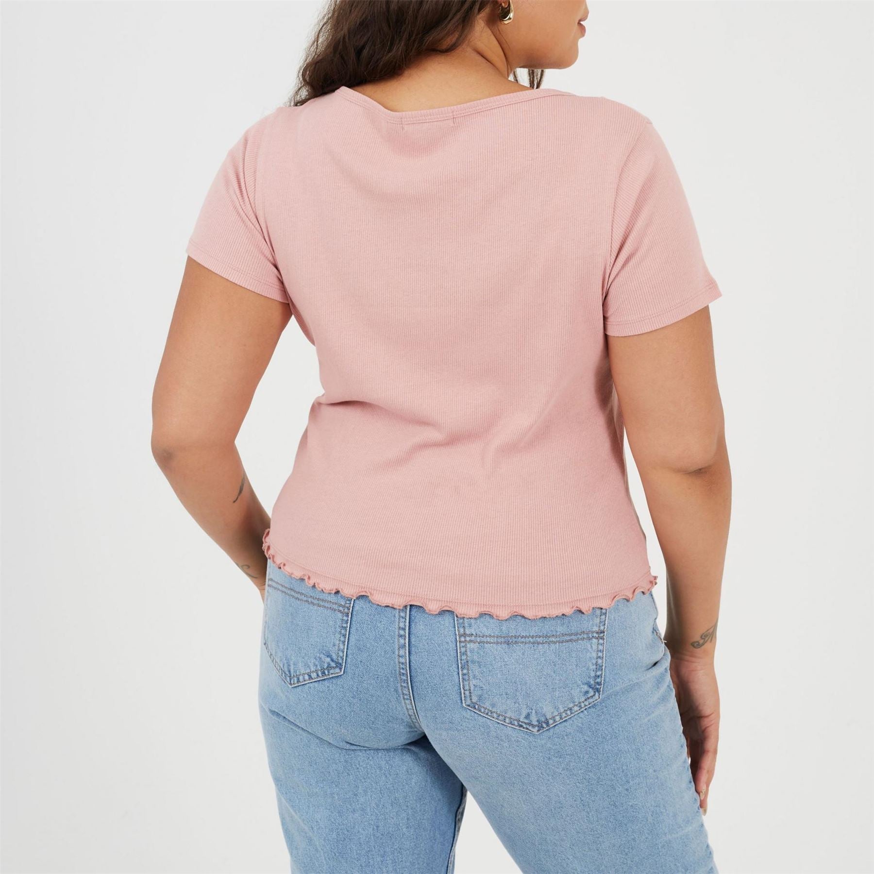Brave Soul Plus Size Button Through Short Sleeve Top With Lettuce Hem