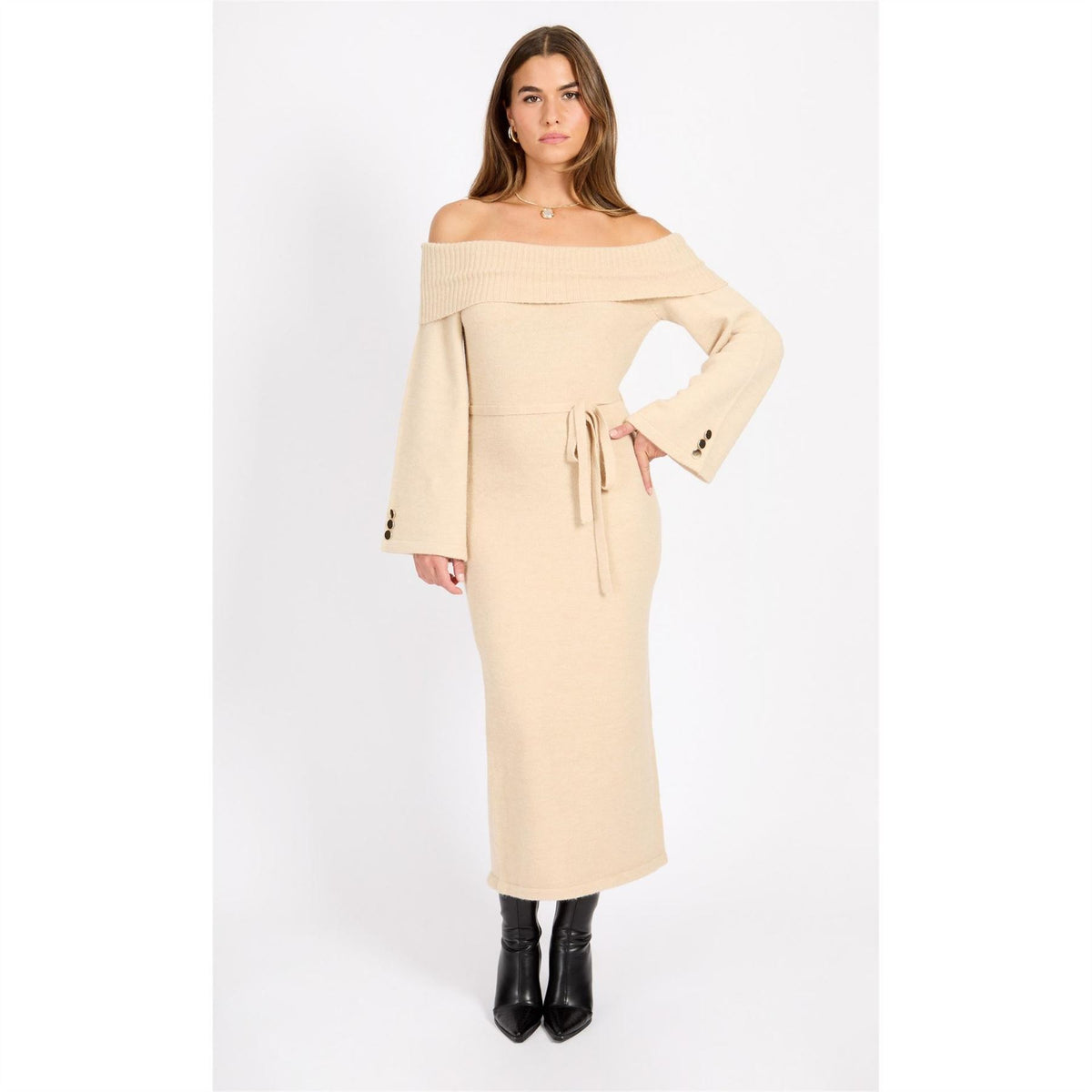 Little Mistress Off-The-Shoulder Maxi Sweater Dress