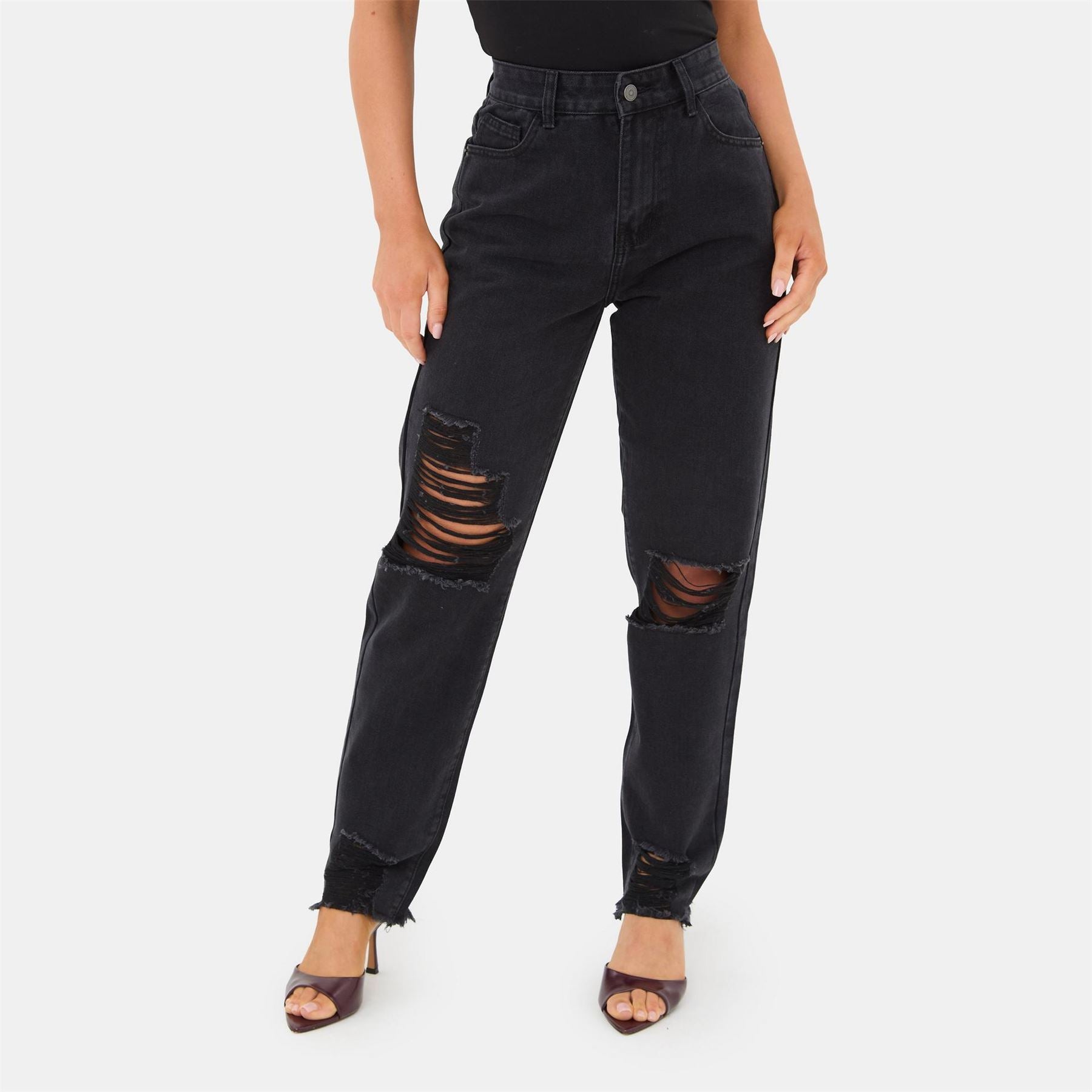 I Saw It First High Waisted Distressed Cotton Straight Leg Jeans