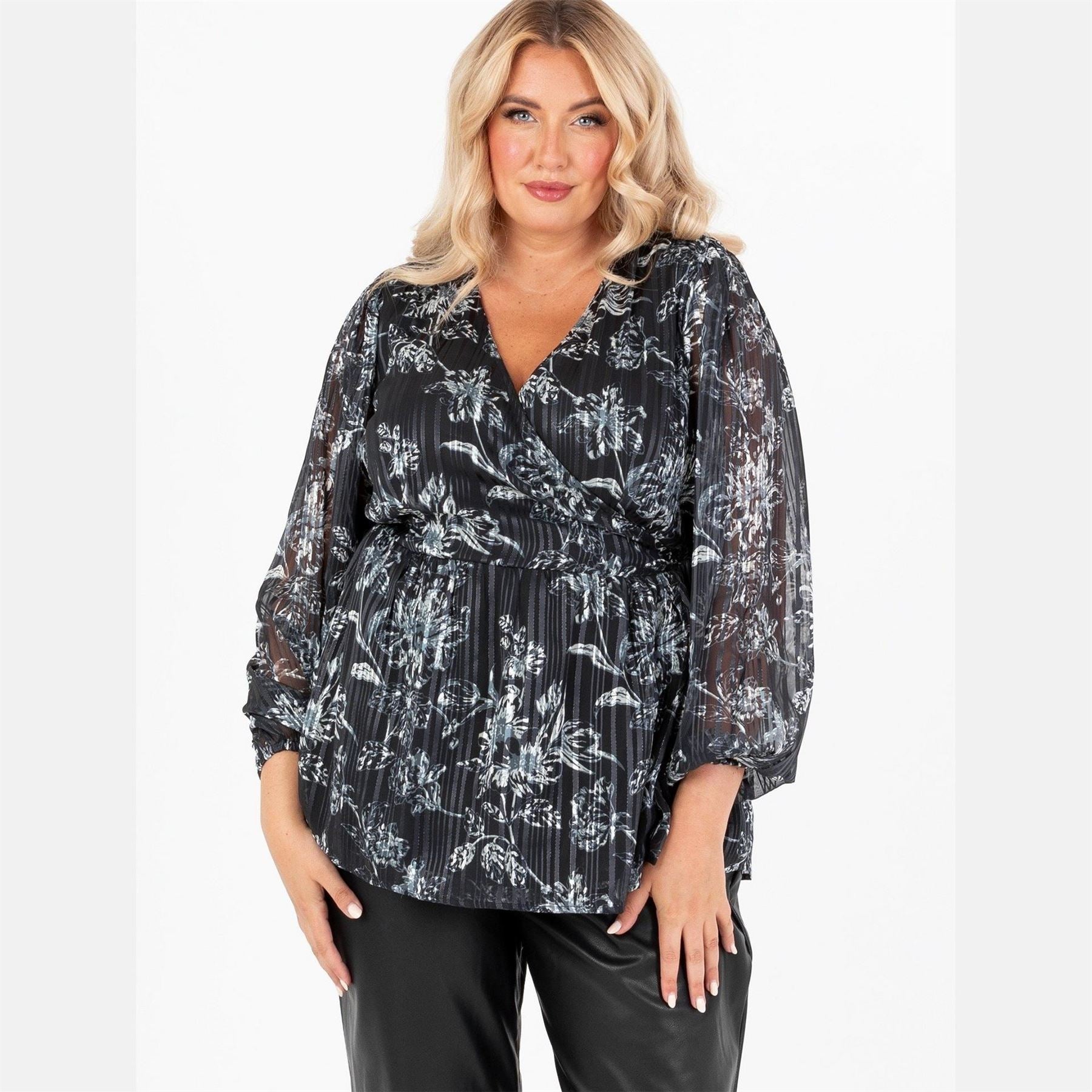 Lovedrobe Monochrome Floral Maxi Sleeve Wrap Top
