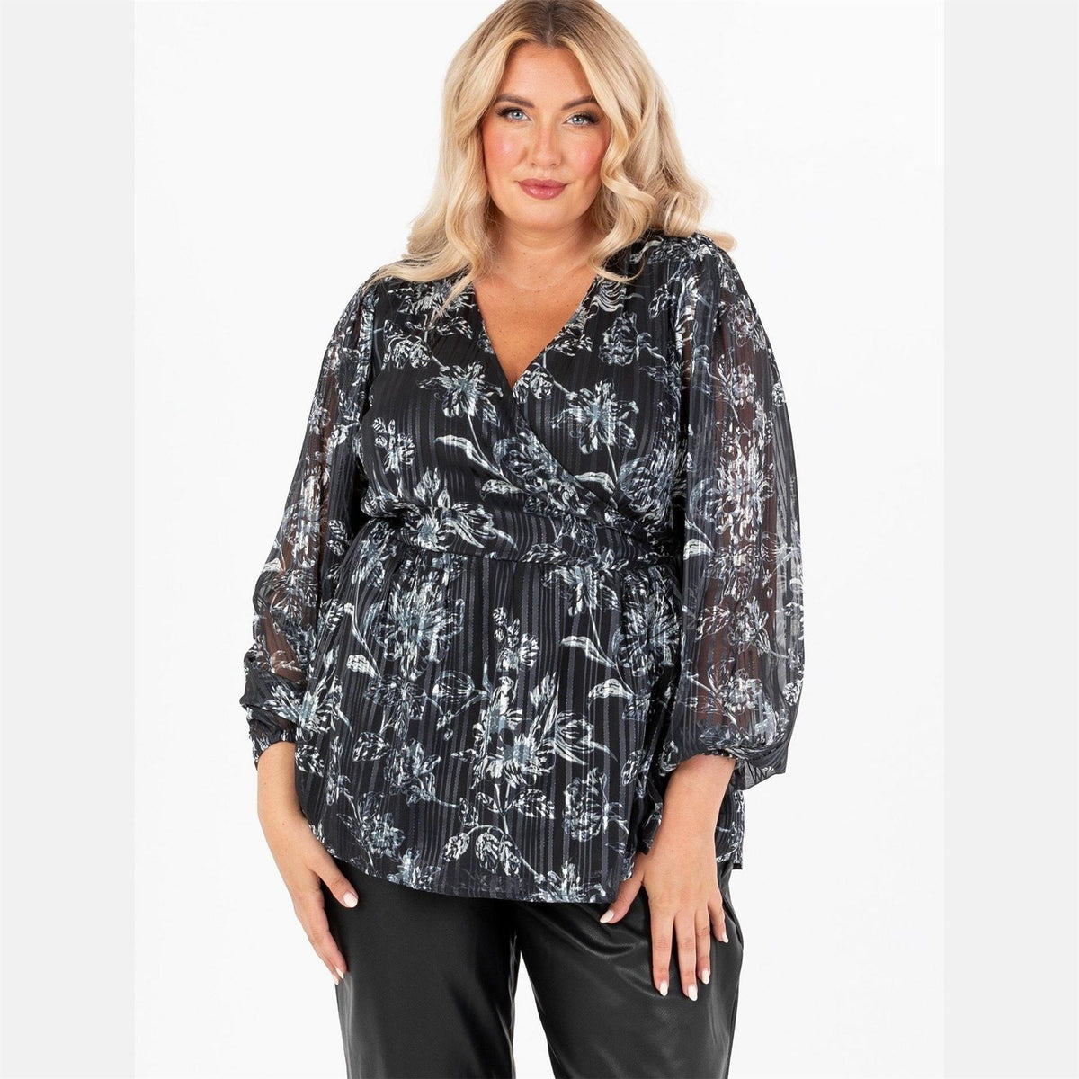 Lovedrobe Monochrome Floral Maxi Sleeve Wrap Top