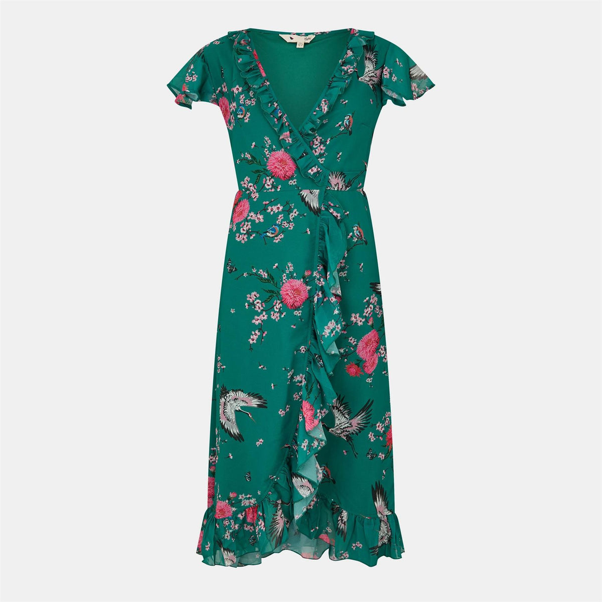 Yumi Crane Print V-Neck Midi Wrap Dress