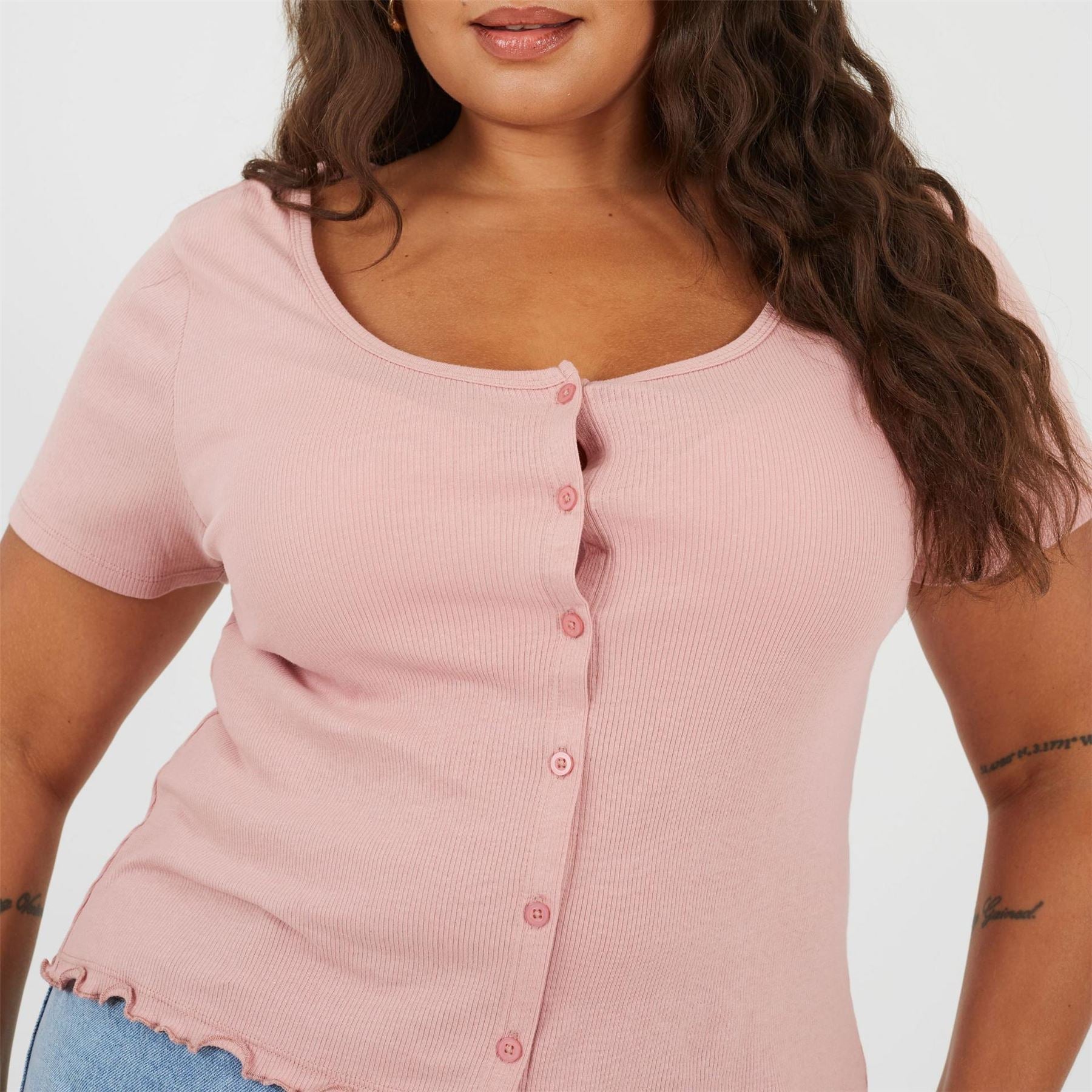 Brave Soul Plus Size Button Through Short Sleeve Top With Lettuce Hem