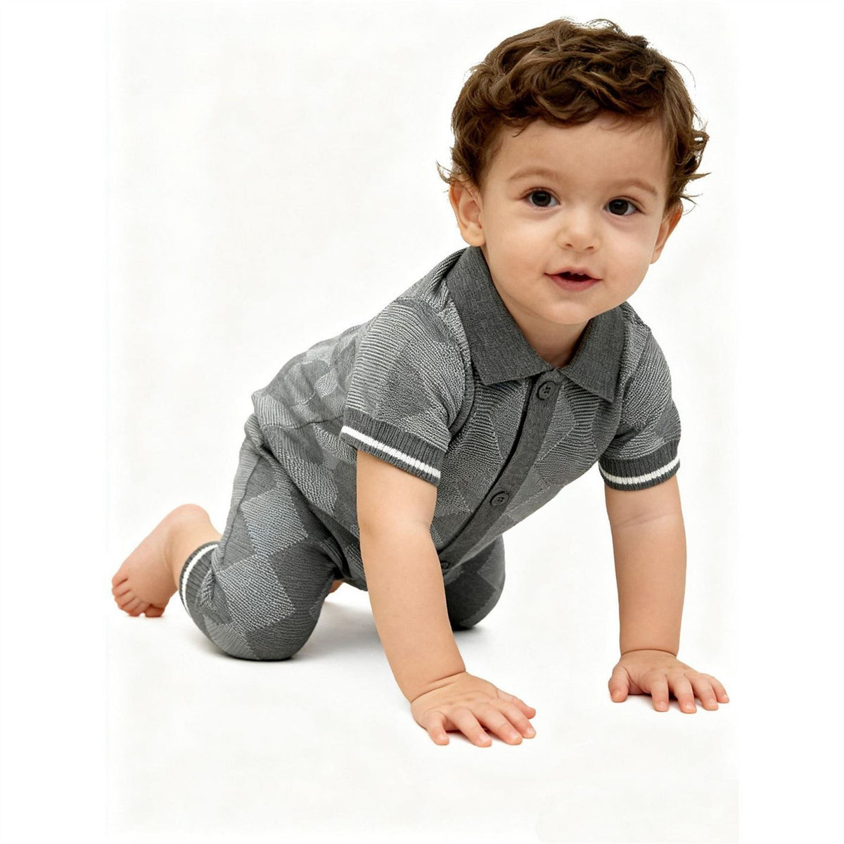 Pretty Green Collared Neck Argyle Patterned Short Sleeve Romper