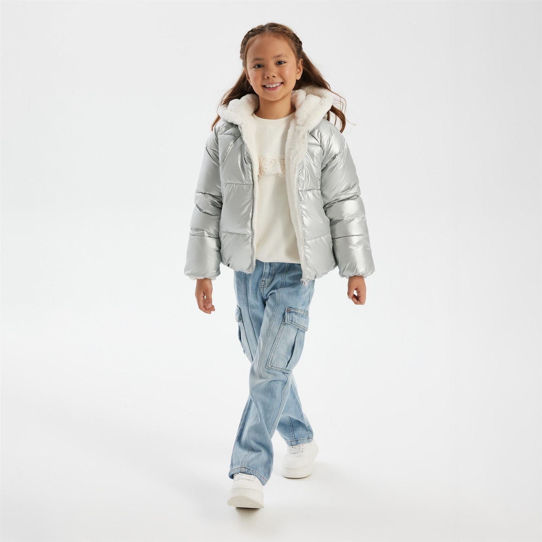 Minoti Girls Padded Reversible Jacket Silver