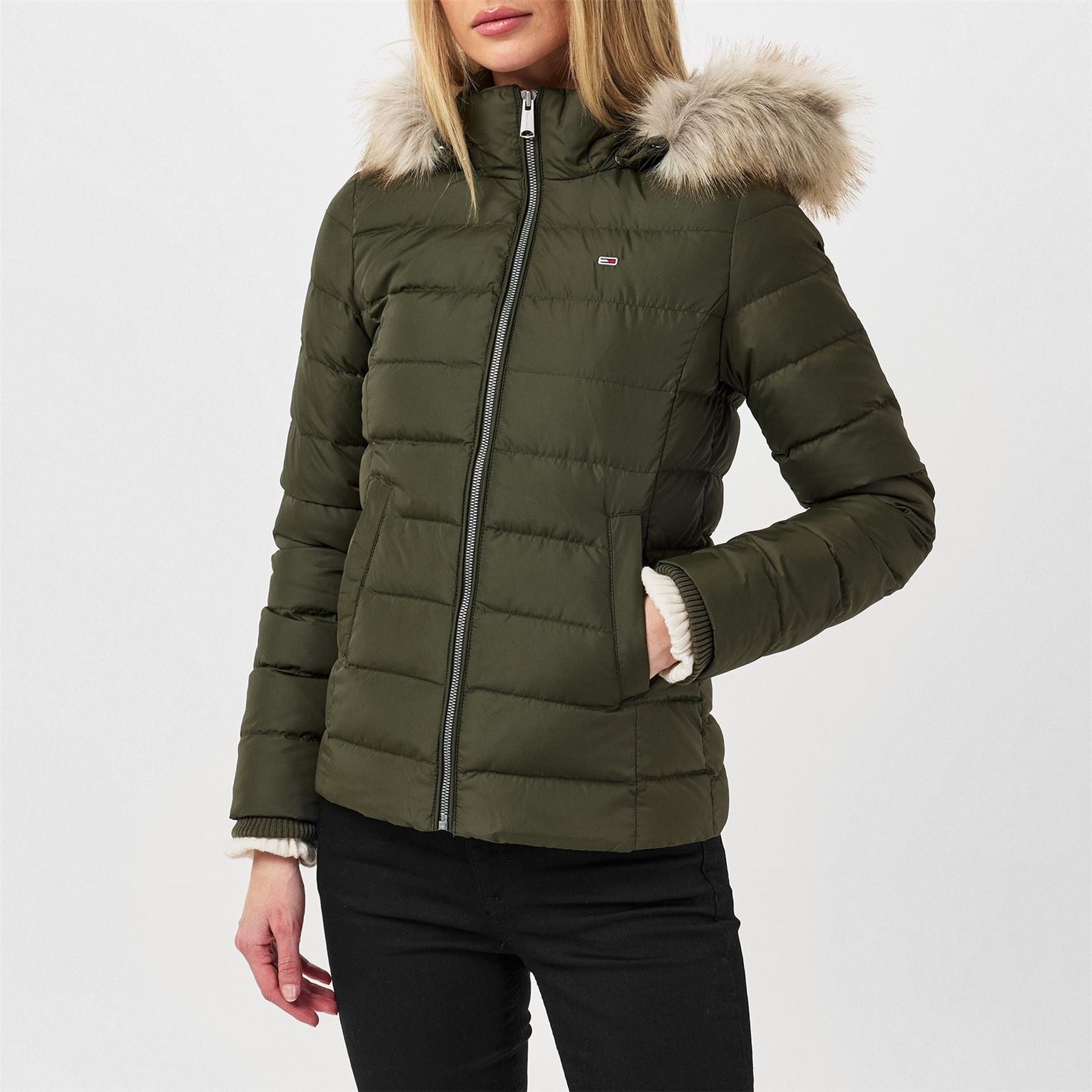 Tommy Jeans Essential Quilted Wind Resistant Faux Fur Hood RDS Down Short Puffer Jacket