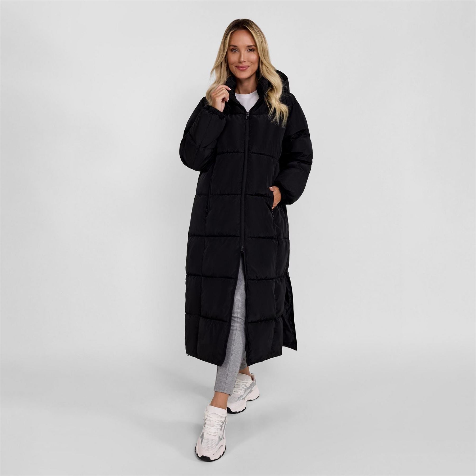 Minoti Women Long Quilted Winter Jacket With Drawstring Hood Black