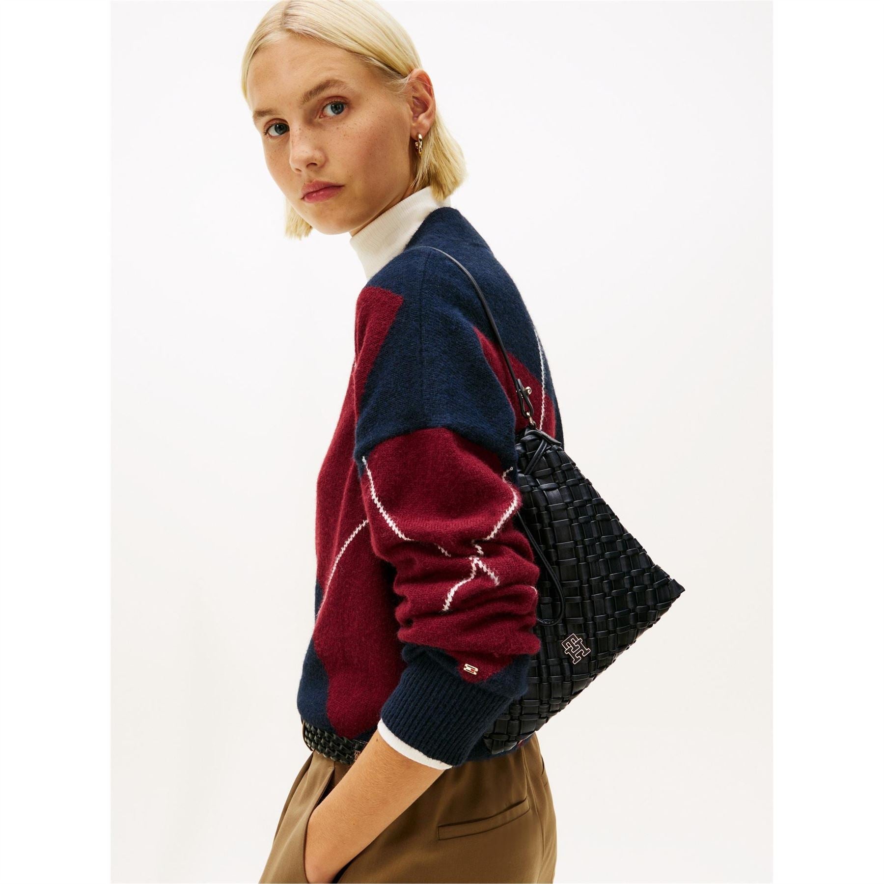 Tommy Hilfiger Basket Weave Woven Hobo Bag with Gold Tone Hardware