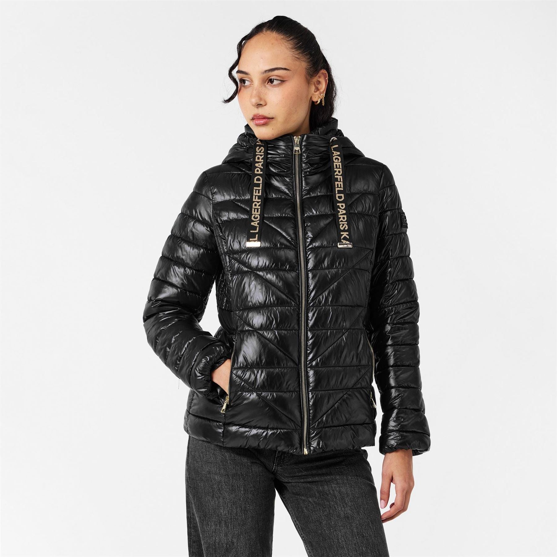 Karl Lagerfeld Solid Patterned Hooded Zipped Pocket Puffer Jacket