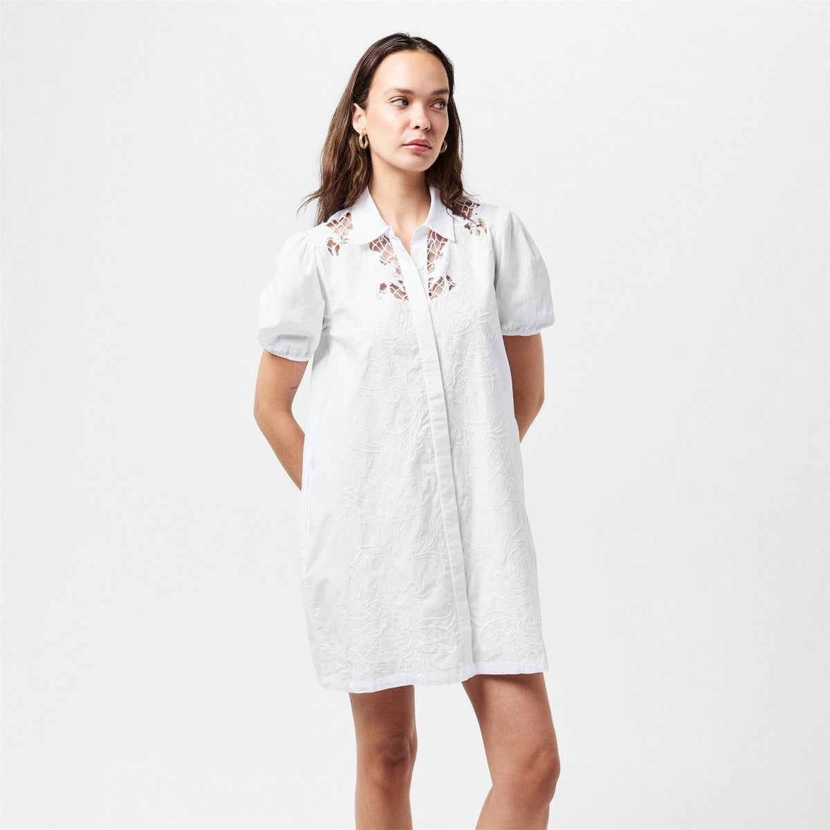 French Connection Mini Shirt Dress with Puff Sleeves and Embroidery