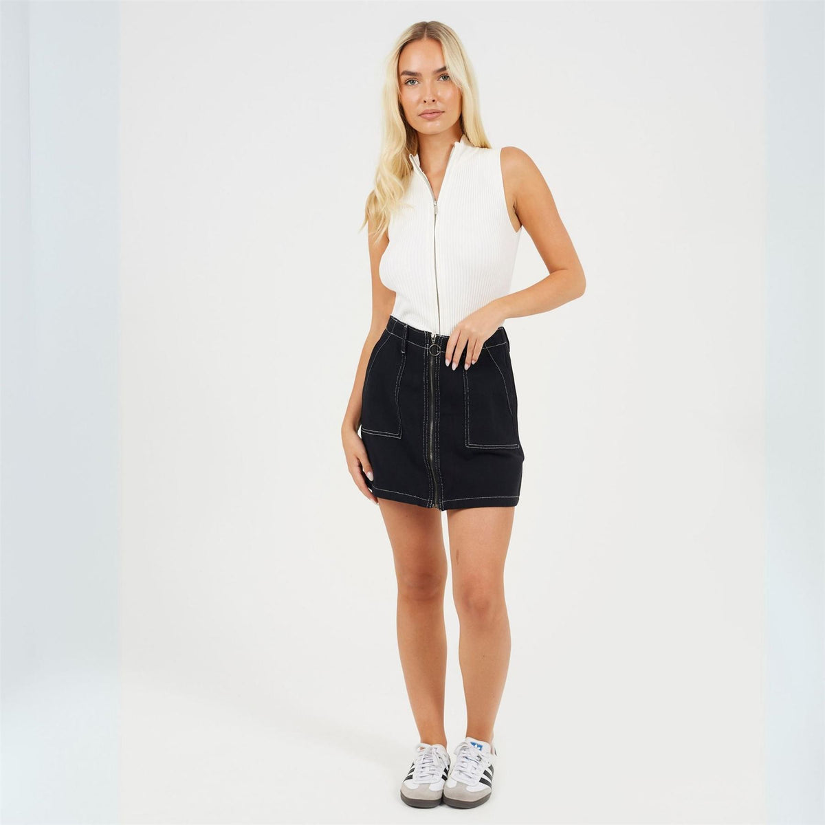 Brave Soul Womens Contrast Stitch Denim Skirt With Front Zip
