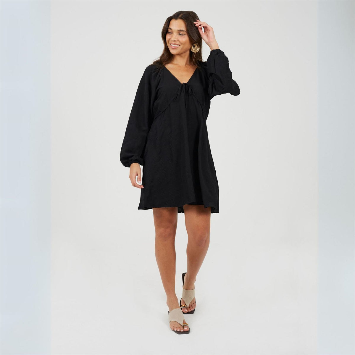 Brave Soul V-Neck Long Sleeve Mini Babydoll Dress