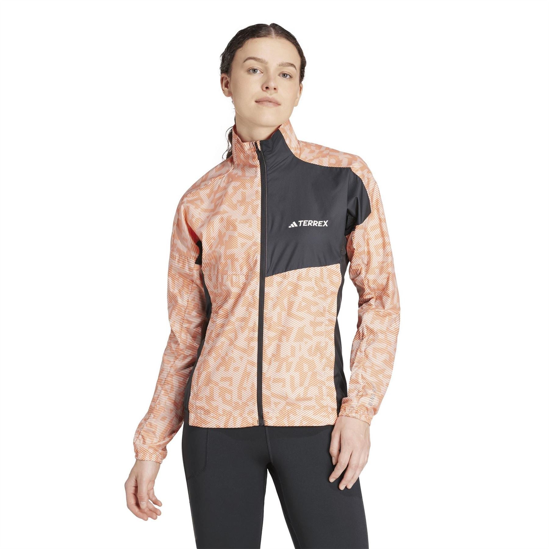 adidas Trail Geometric Patterned Running Jacket with Front Zipper Pocket