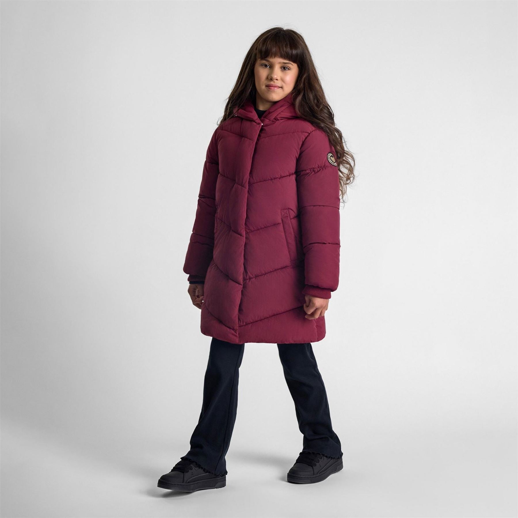 Minoti Girls Long Quilted Winter Jacket Zip Press Studs Burgundy