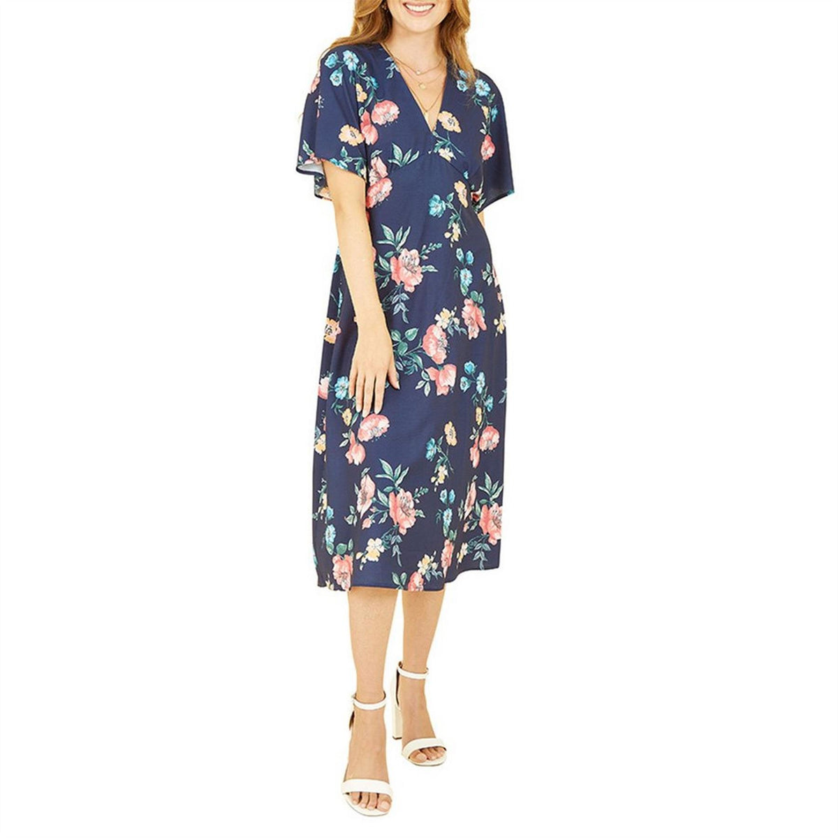 Yumi Navy Floral Kimono Midi Wrap Dress