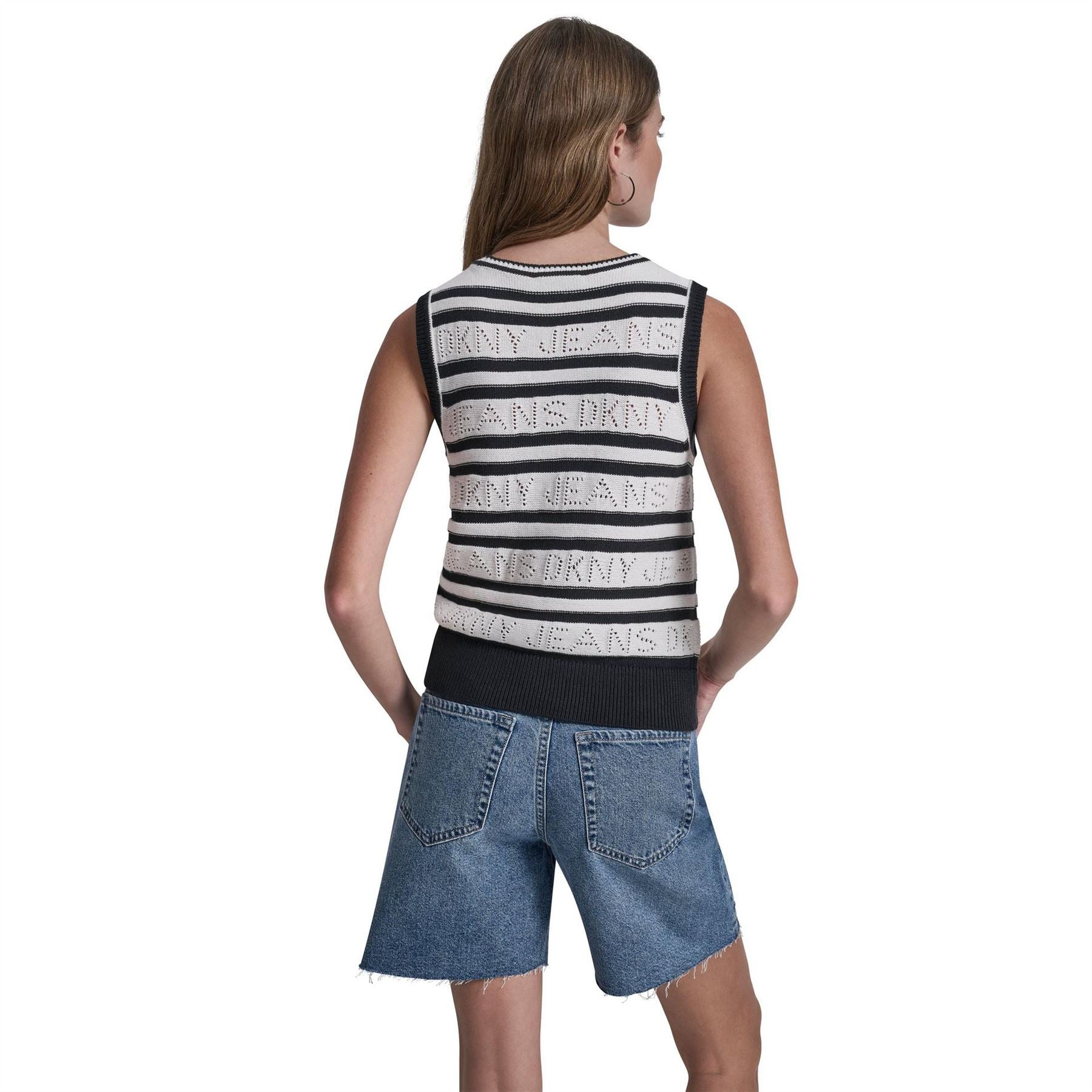 DKNY Jeans Logo Pointelle Striped Sleeveless Sweater