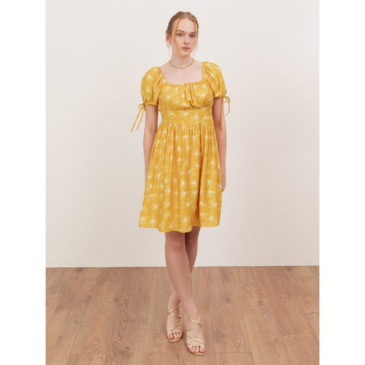 Lovedrobe Yellow Floral Elasticated Square Neck Mini Dress