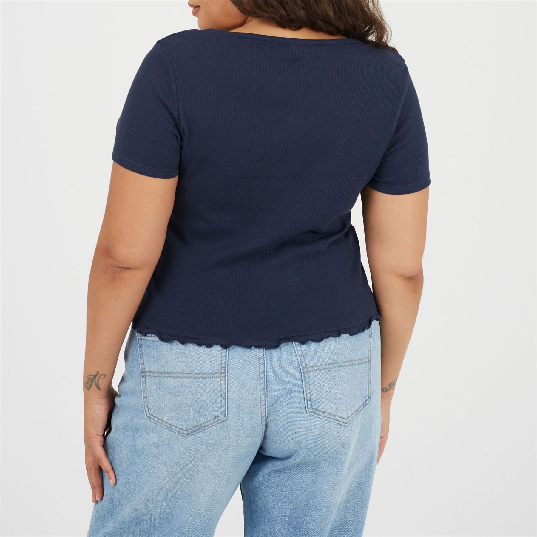 Brave Soul Plus Size Button Through Short Sleeve Top With Lettuce Hem
