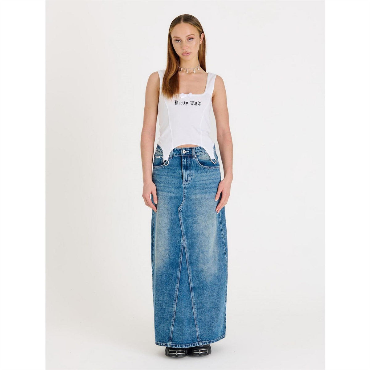 The Ragged Priest Maxi Bleach Blue Wash Denim Skirt