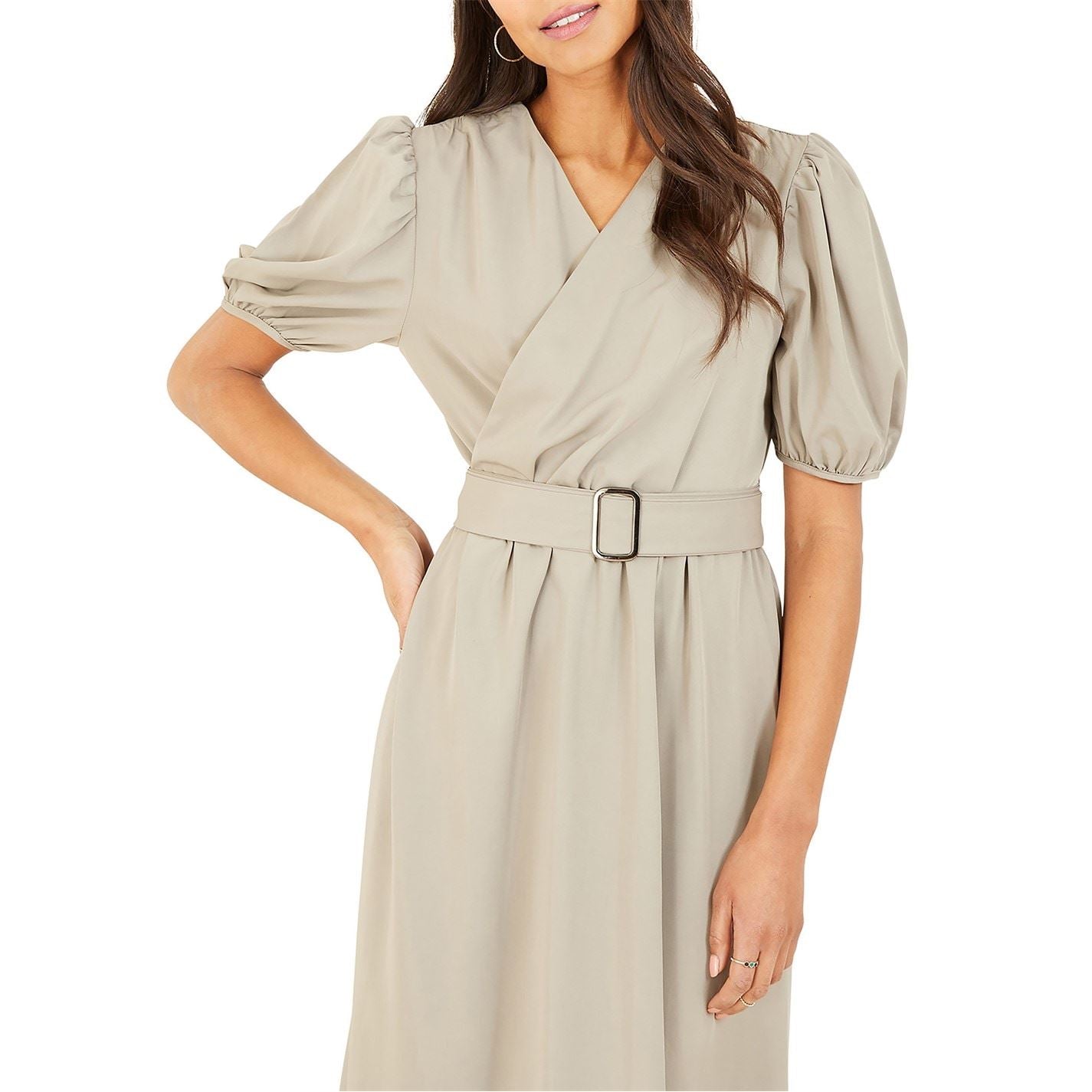 Yumi Sleeve Belted Midi Dress In Grey