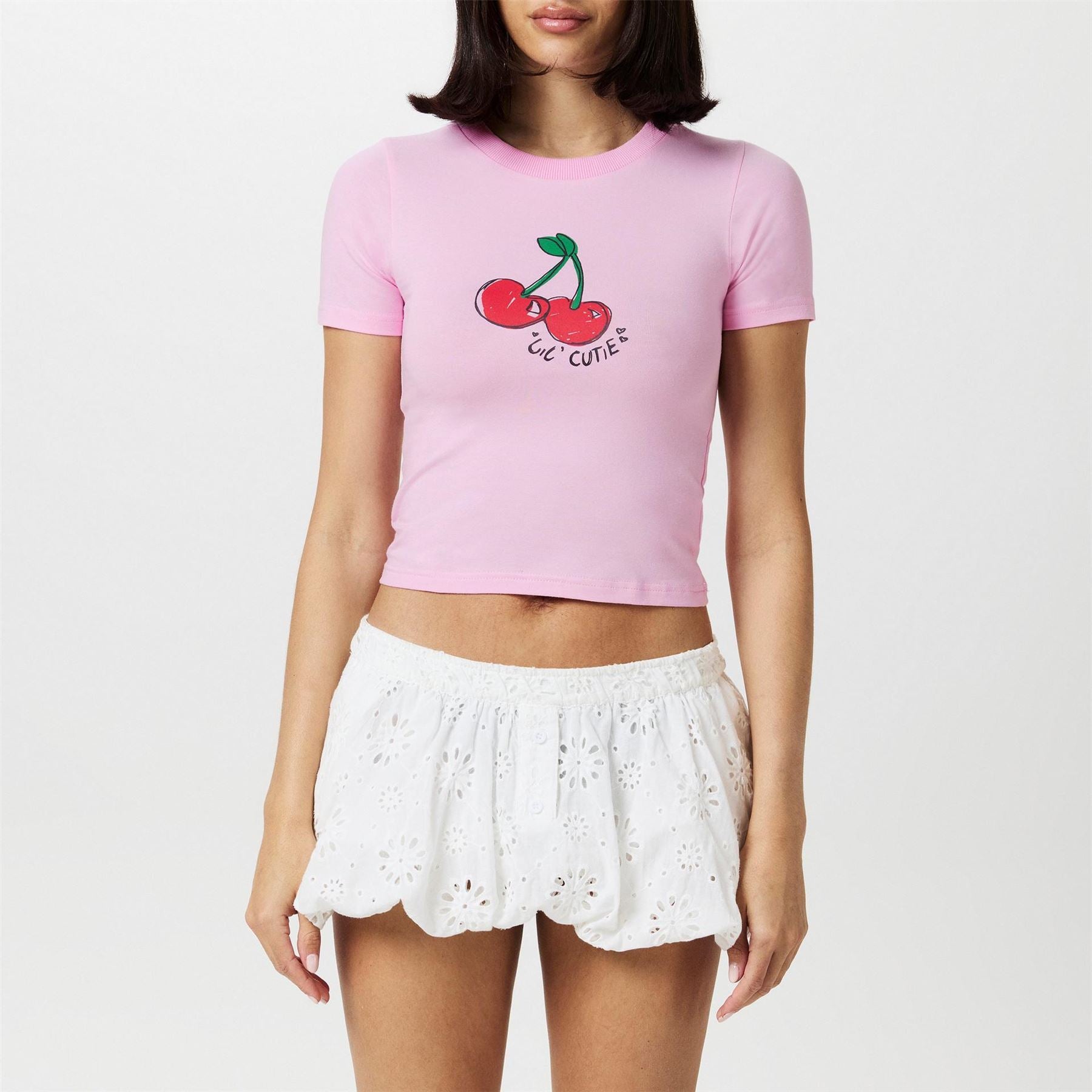 Daisy Street Cherry Cropped Slim Fit Crew Neck T-Shirt