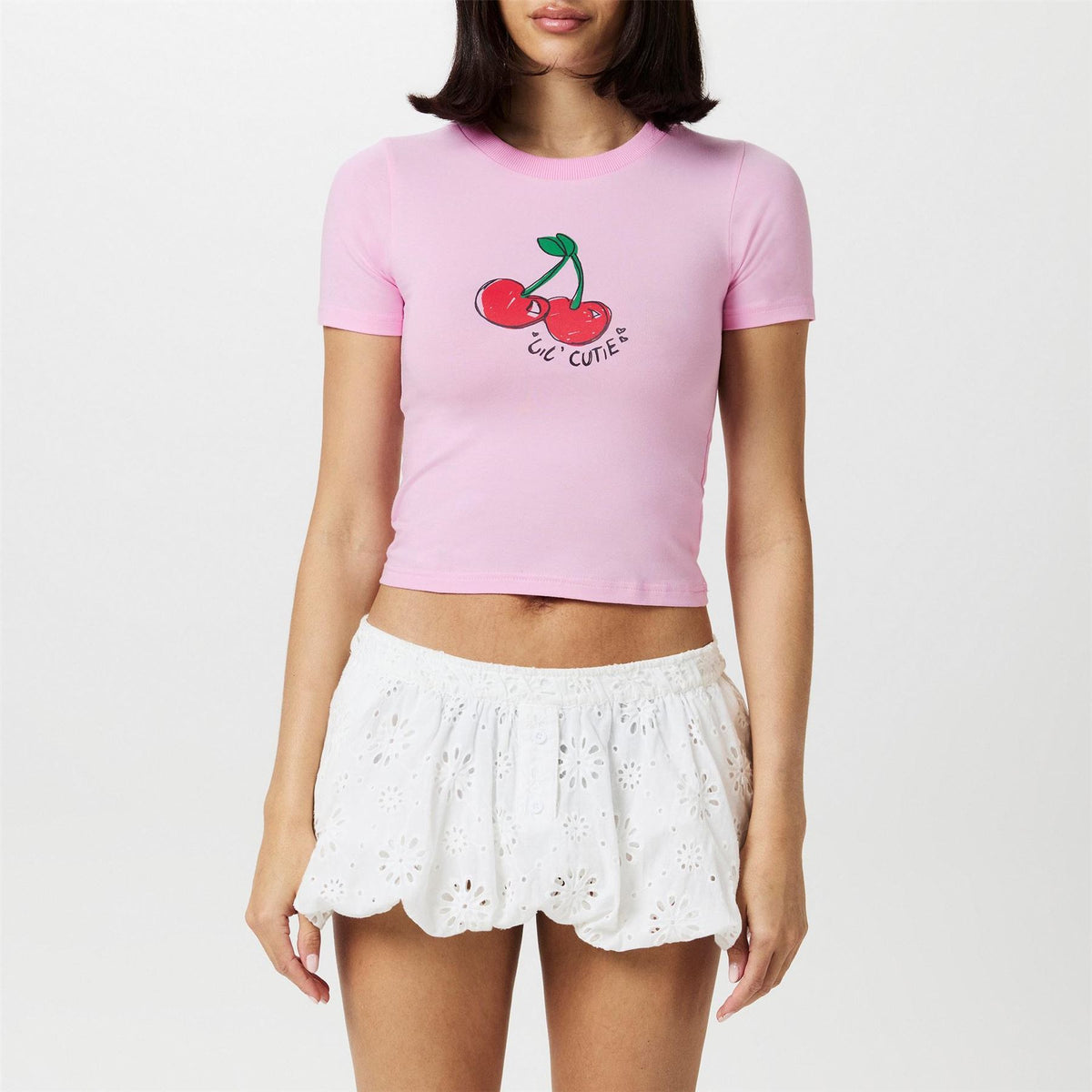 Daisy Street Cherry Cropped Slim Fit Crew Neck T-Shirt