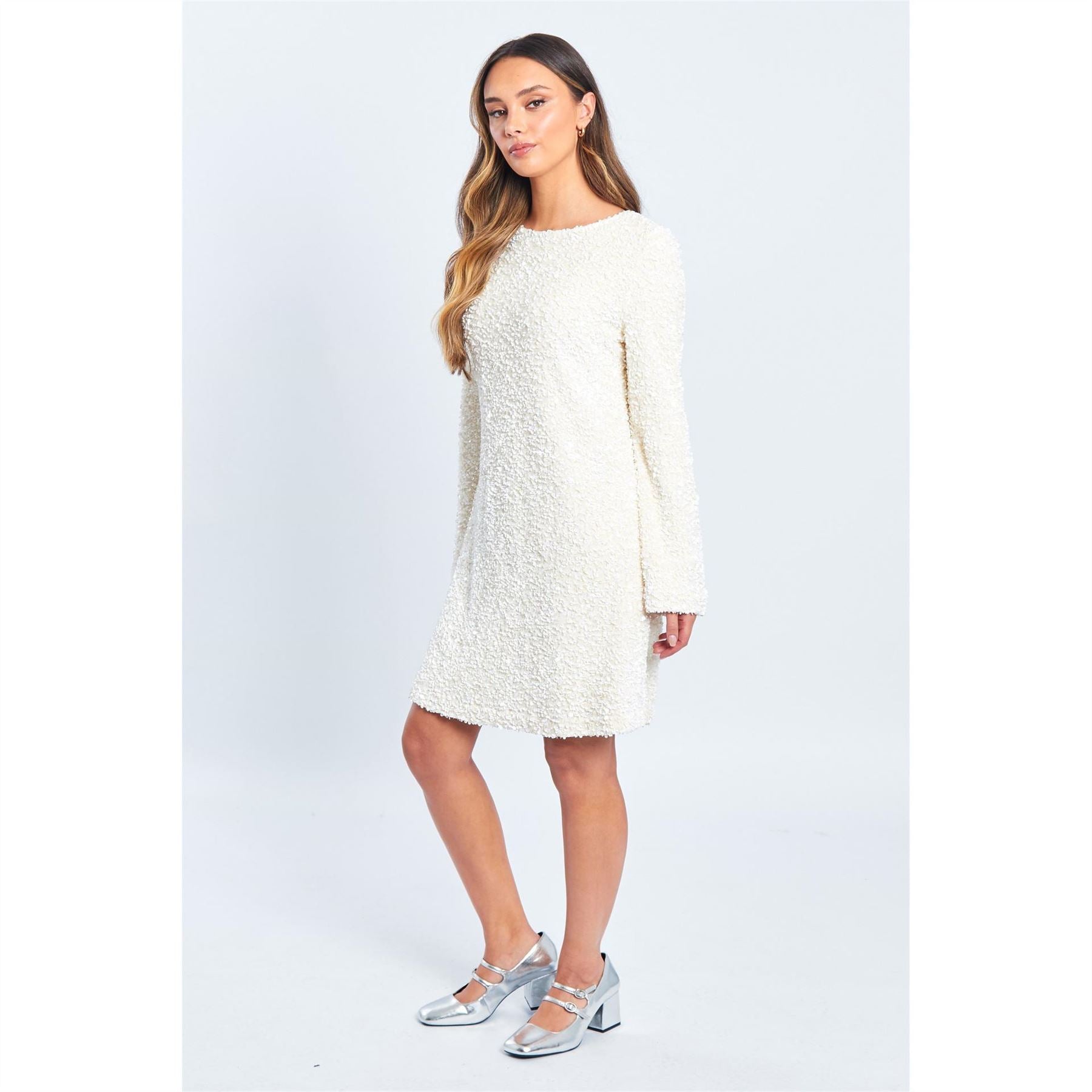 Be You Sequin Bow Crew Neck Knee Length A-Line Dress