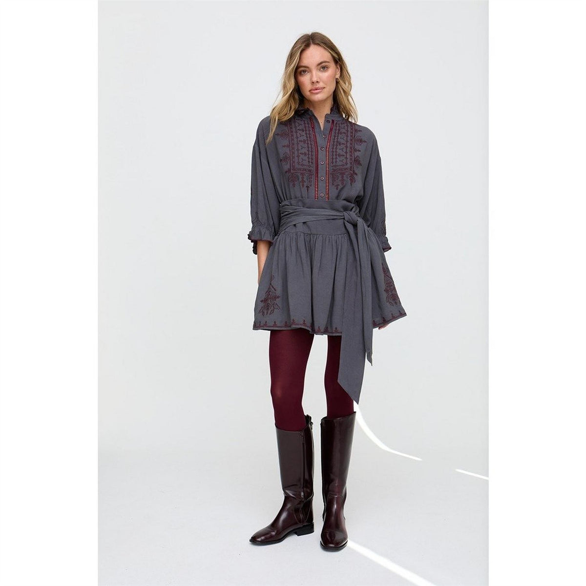 Raffya Julie Embroidered High Collar Ruffle Sleeve Peasant Shirt