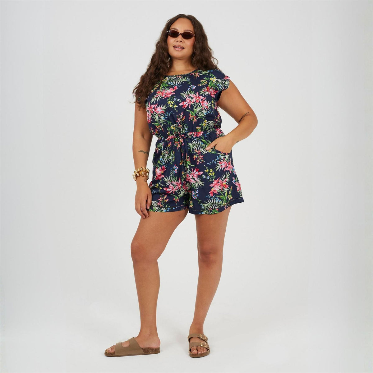 Brave Soul Crew Neck Floral Patterned Short Sleeve Playsuit