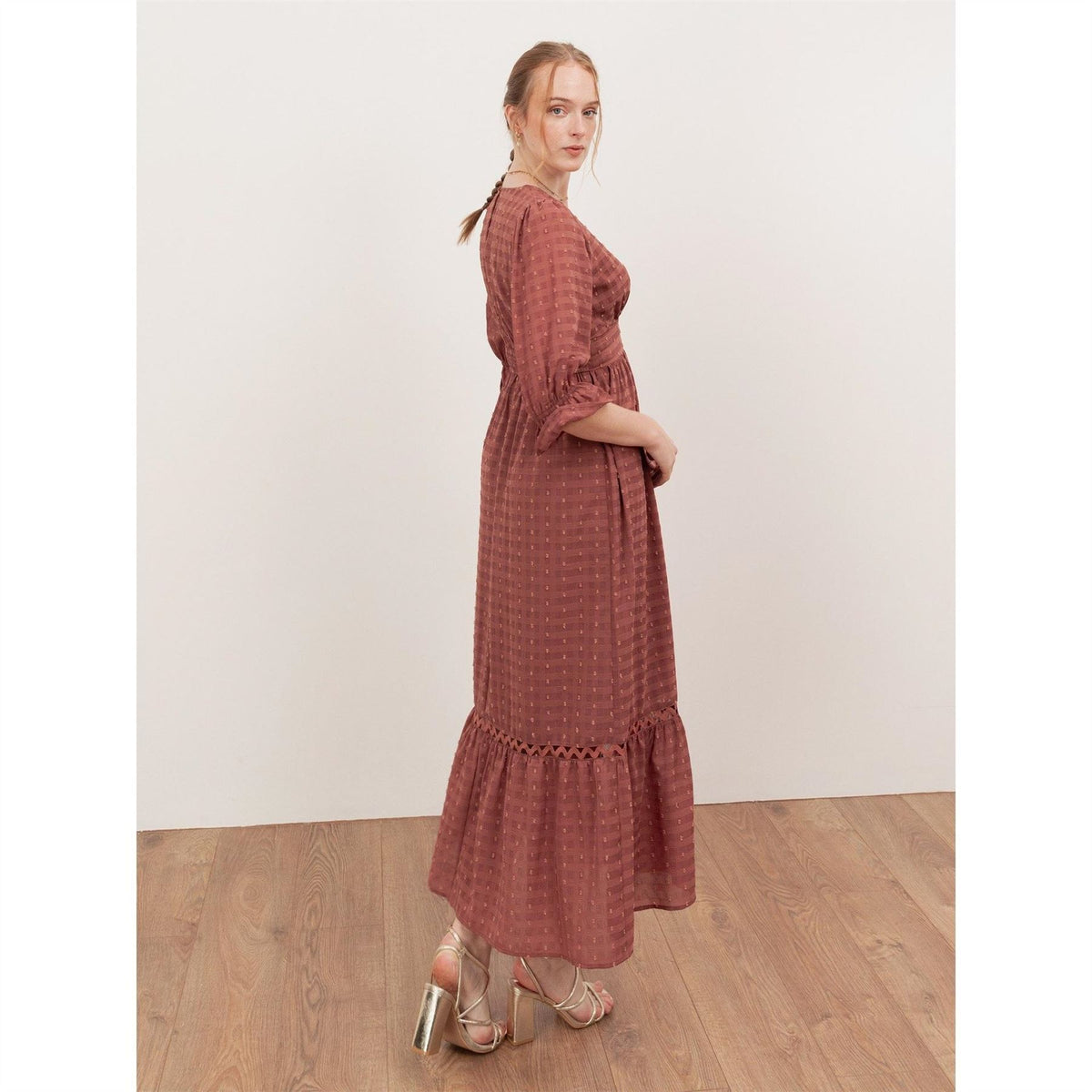 Lovedrobe Terracotta Pink Gingham V Neck Midaxi Dress