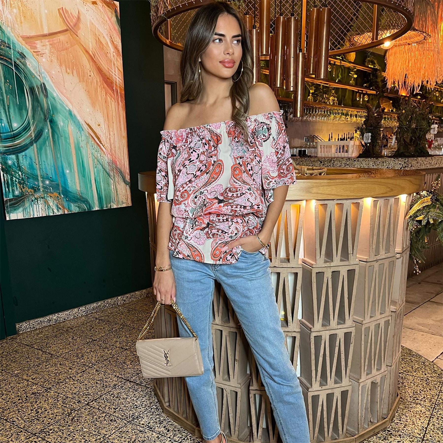 AX Paris Pink Tone Print Bardot Top