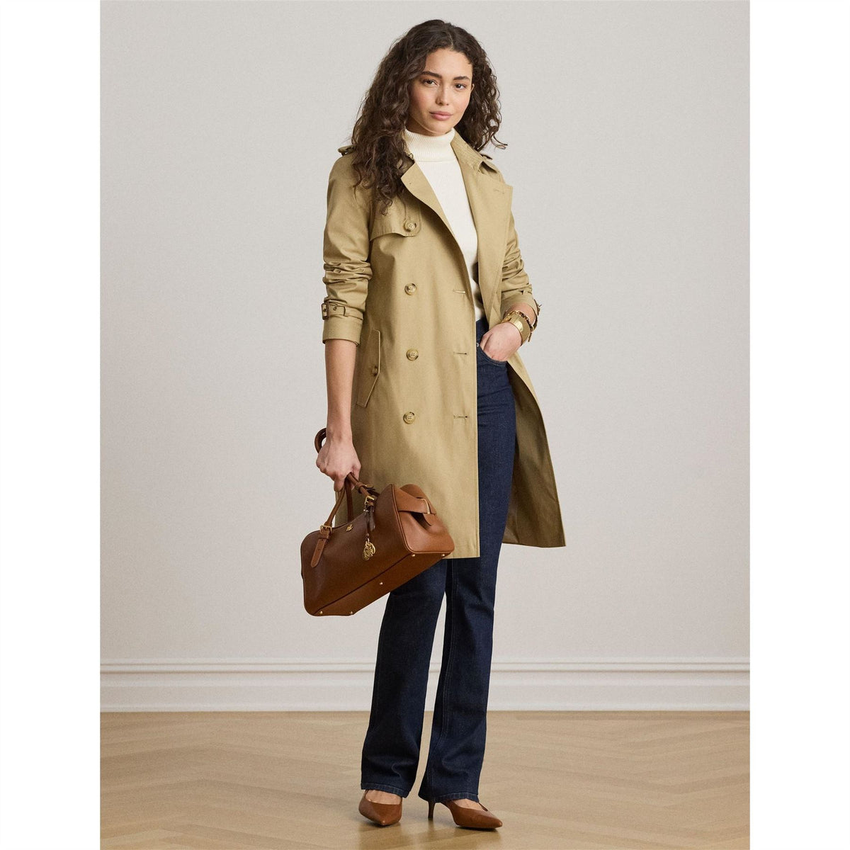 Lauren by Ralph Lauren Solid Patterned Trench Coat with Button Placket and Storm Flap