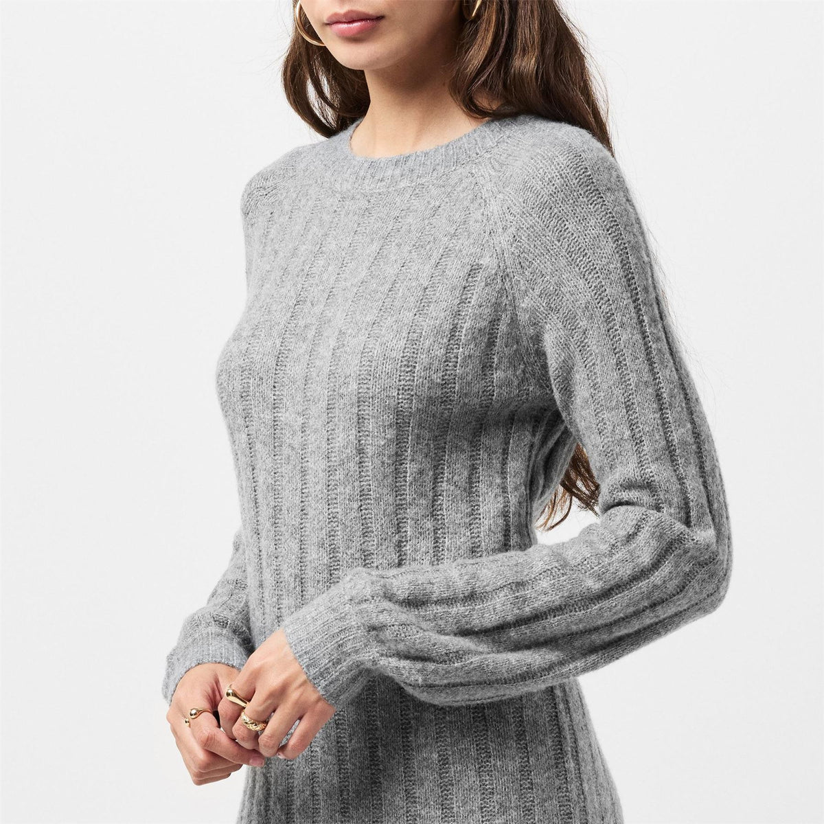 Pieces Knit Crew Neck Ribbed Cuff Midi Sweater Dress