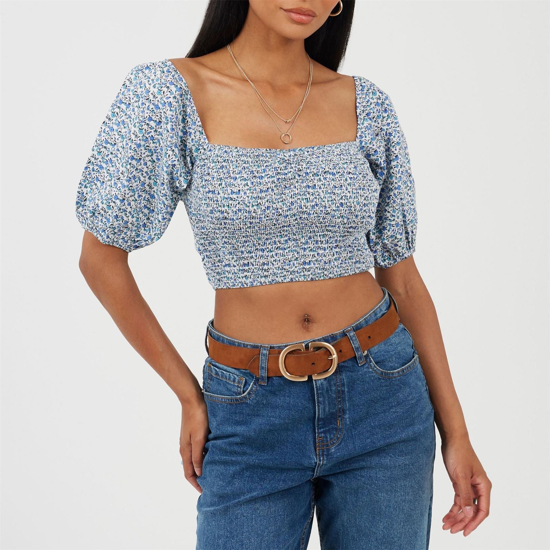 Brave Soul Womens Cropped Puff Sleeve Top With Shirred Body