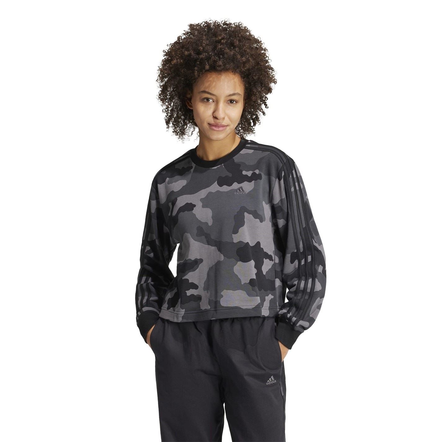 adidas Womens Essentials 3 Stripes Camo Print Cropped Sweatshirt