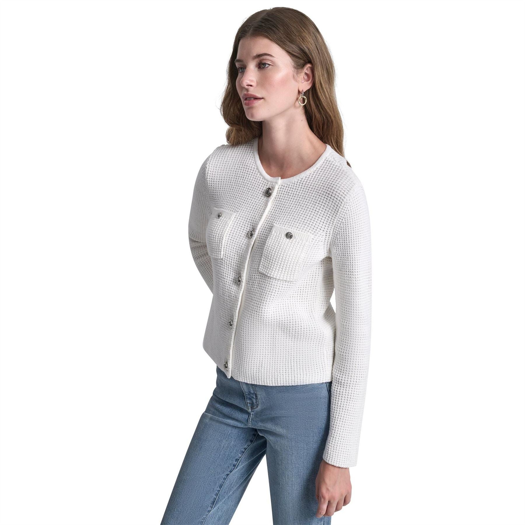 DKNY Jeans Tuck Stitch Crew Neck Cardigan W  Regal Buttons