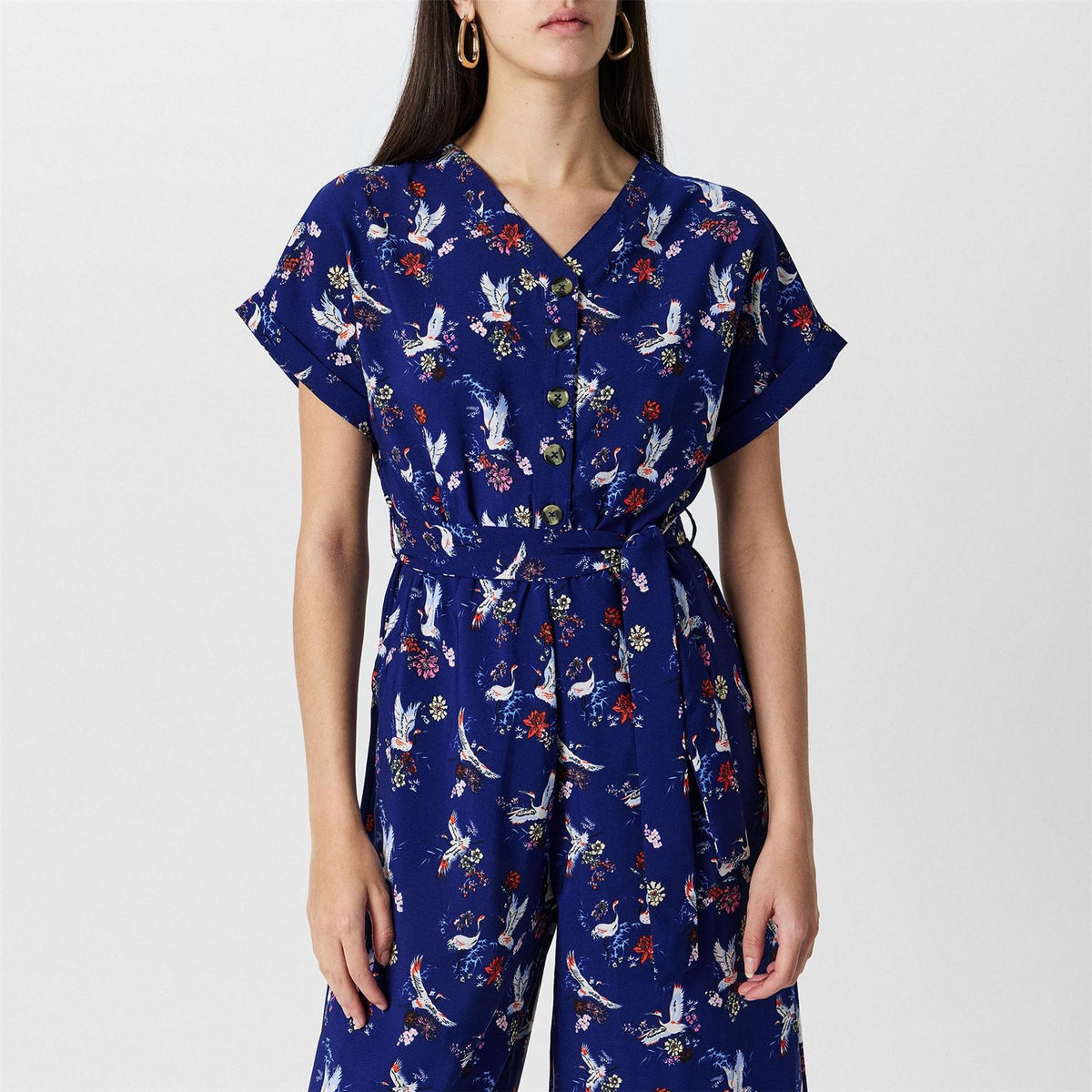 Yumi Crane Print Collared Culotte Jumpsuit