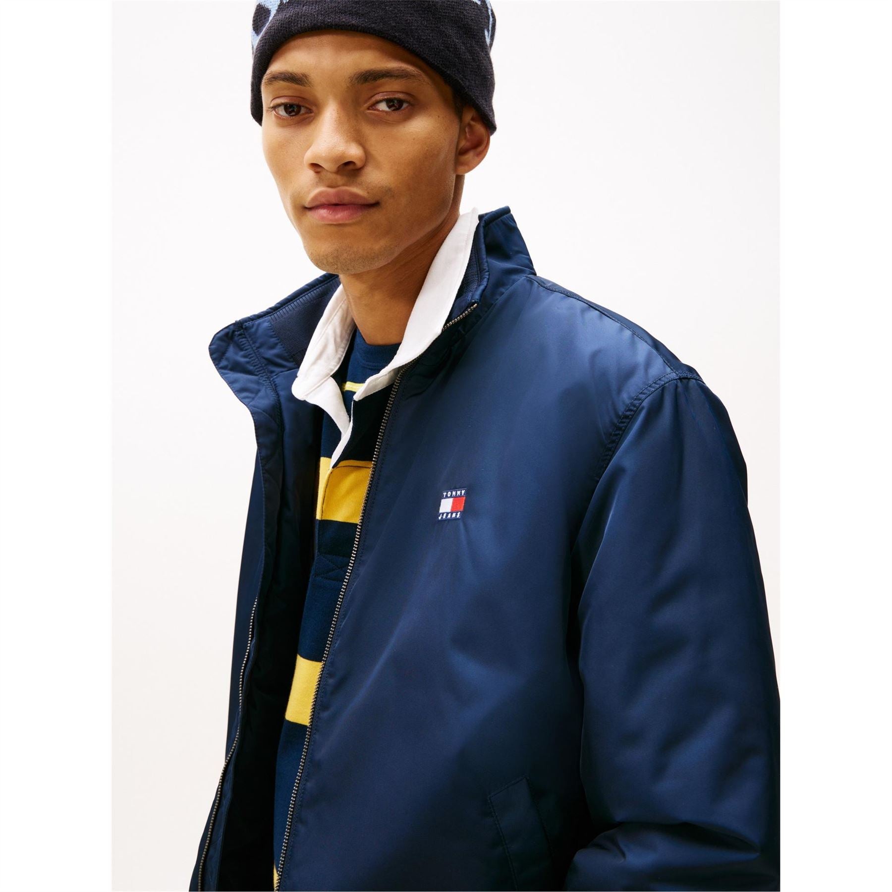 Tommy Jeans Solid Patterned Ribbed Cuff Mock Neck Harrington Jacket