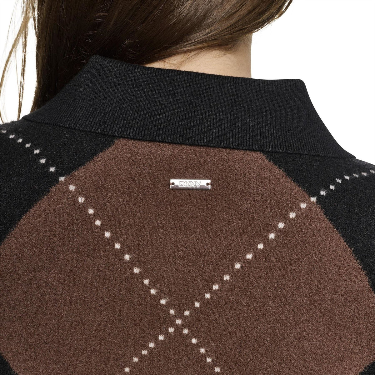 DKNY Fuzzy Argyle Elbow Sleeve Cardigan