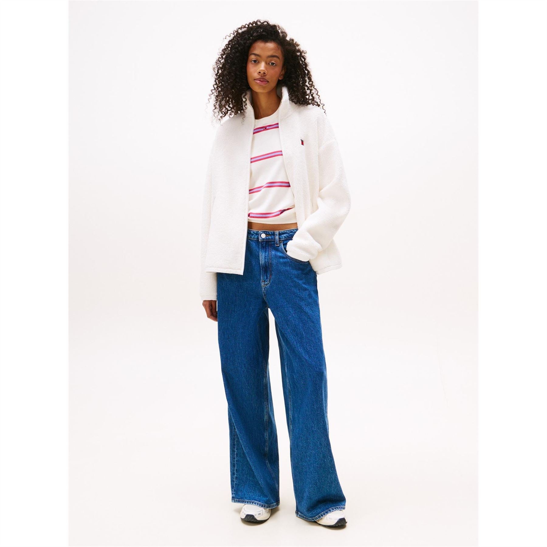 Tommy Jeans Solid Patterned Teddy Jacket with Quarter Zipper