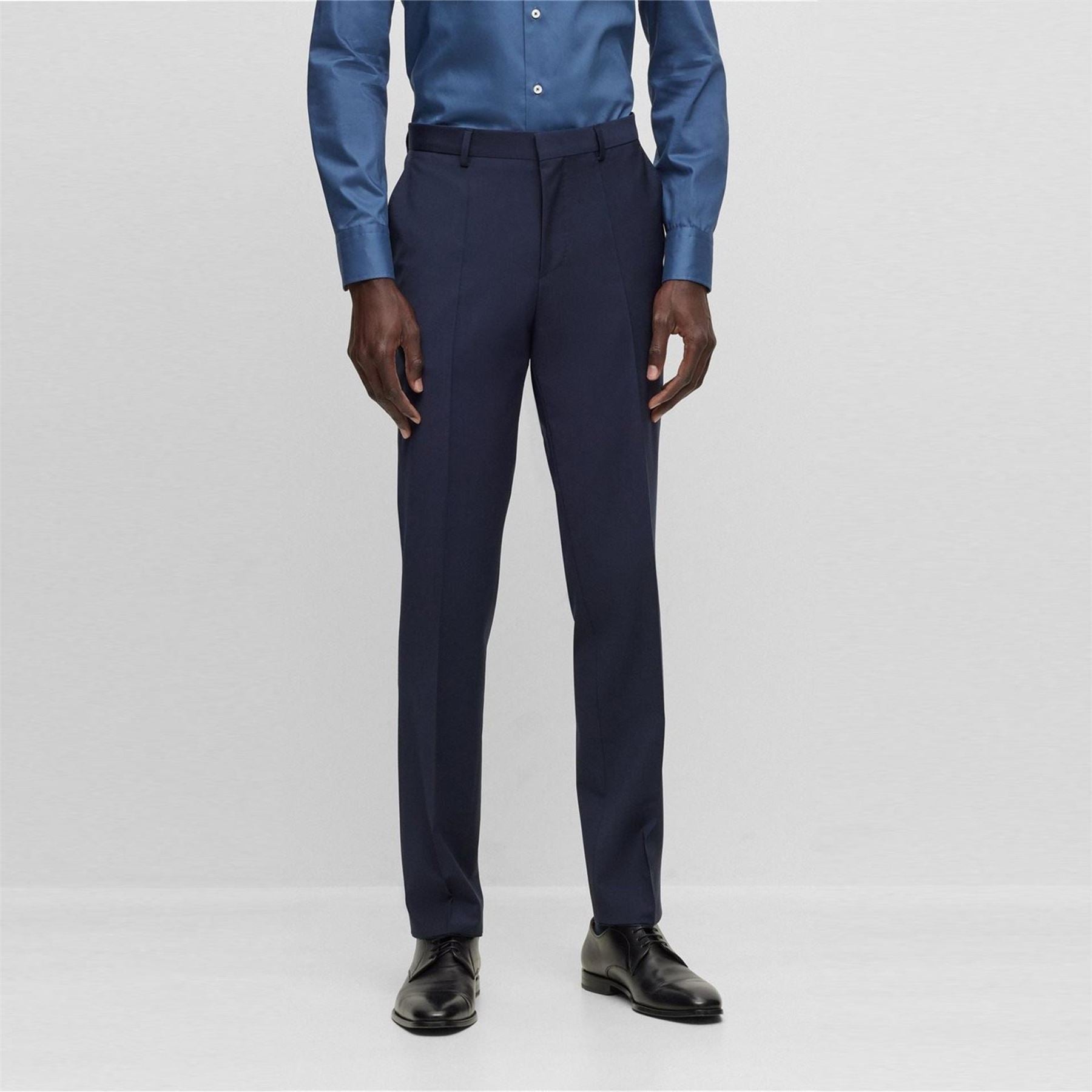 Boss Solid Patterned Flat Front Straight Leg Trousers