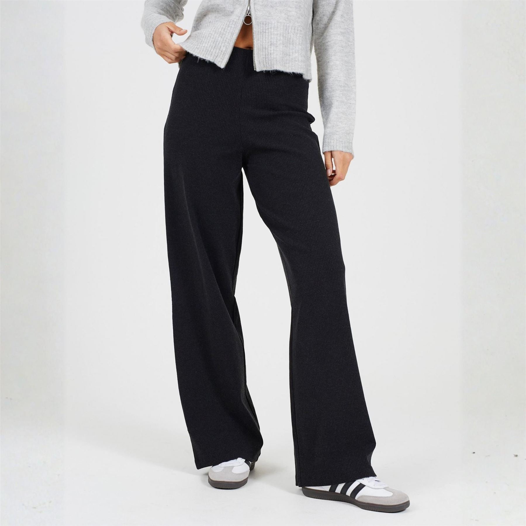 Brave Soul Womens Charcoal Ribbed Wide Leg Trousers