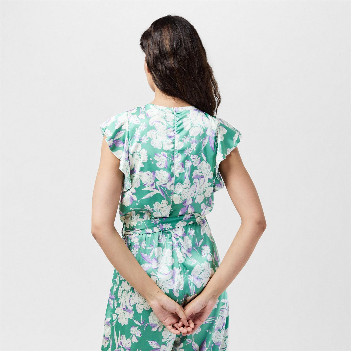AX Paris Printed Wrap Front Frill Sleeve Belted Jumpsuit