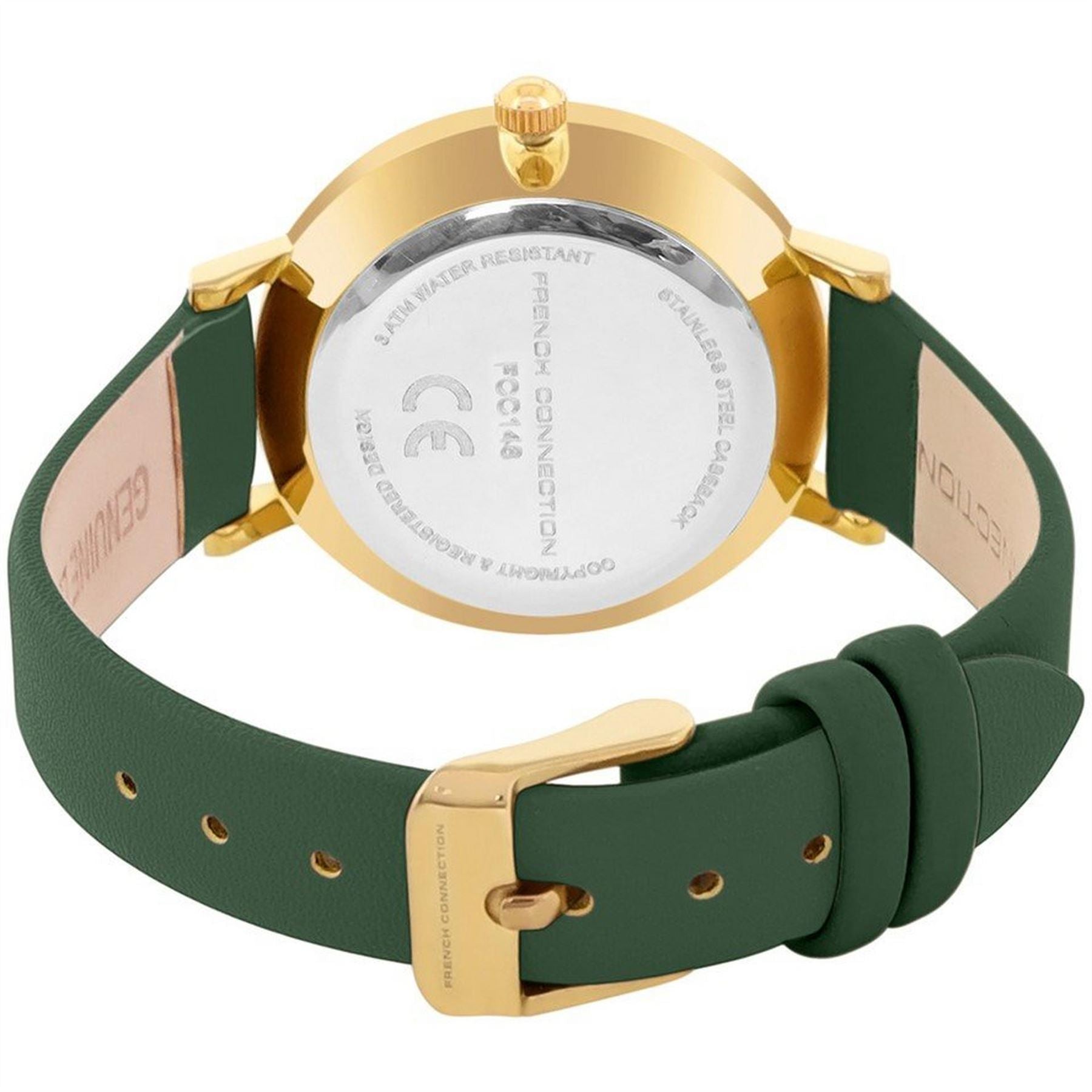 French Connection Connection Rose Case Round Shape Green Strap Quartz Watch