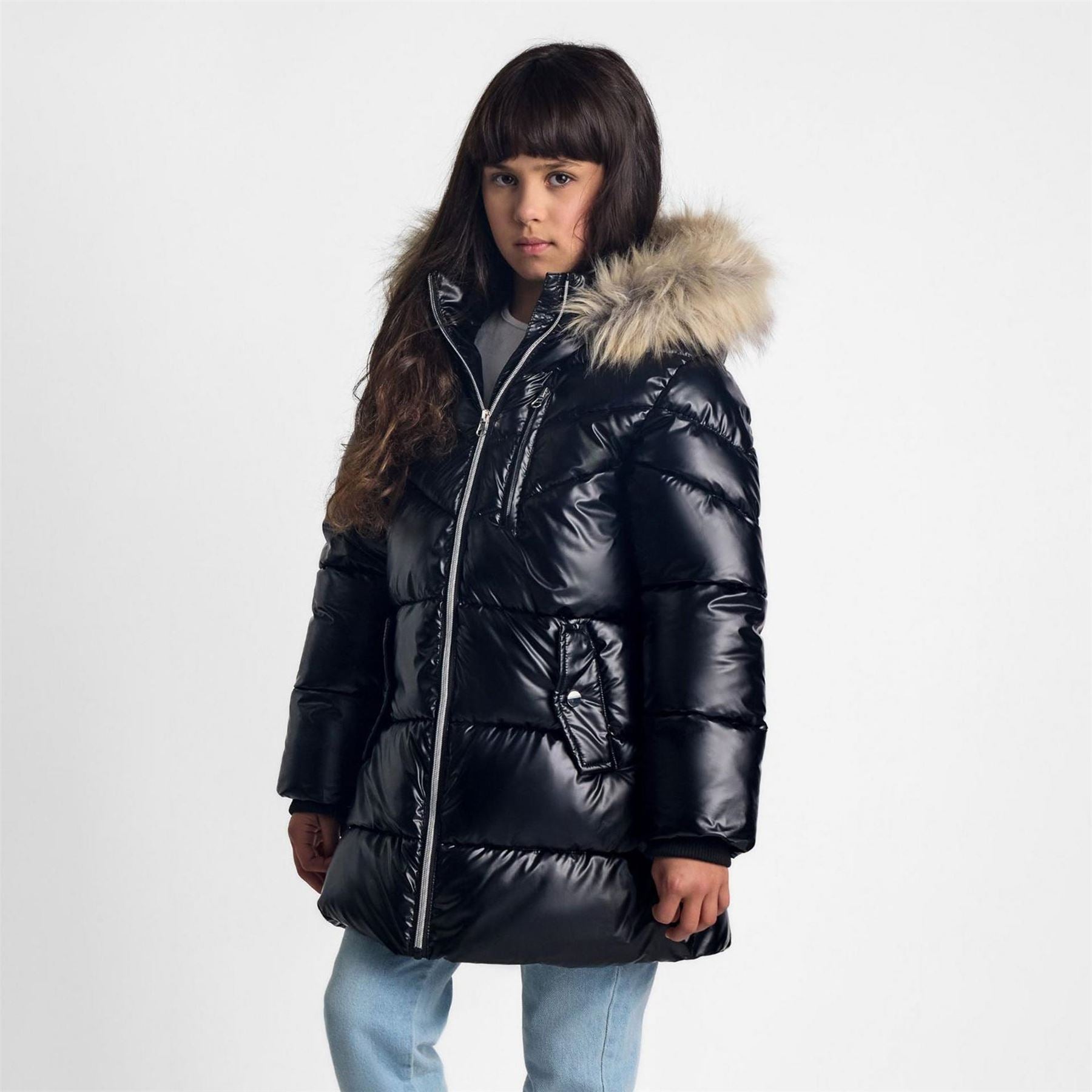 Minoti Girls Winter Coat With Detachable Faux Fur Black