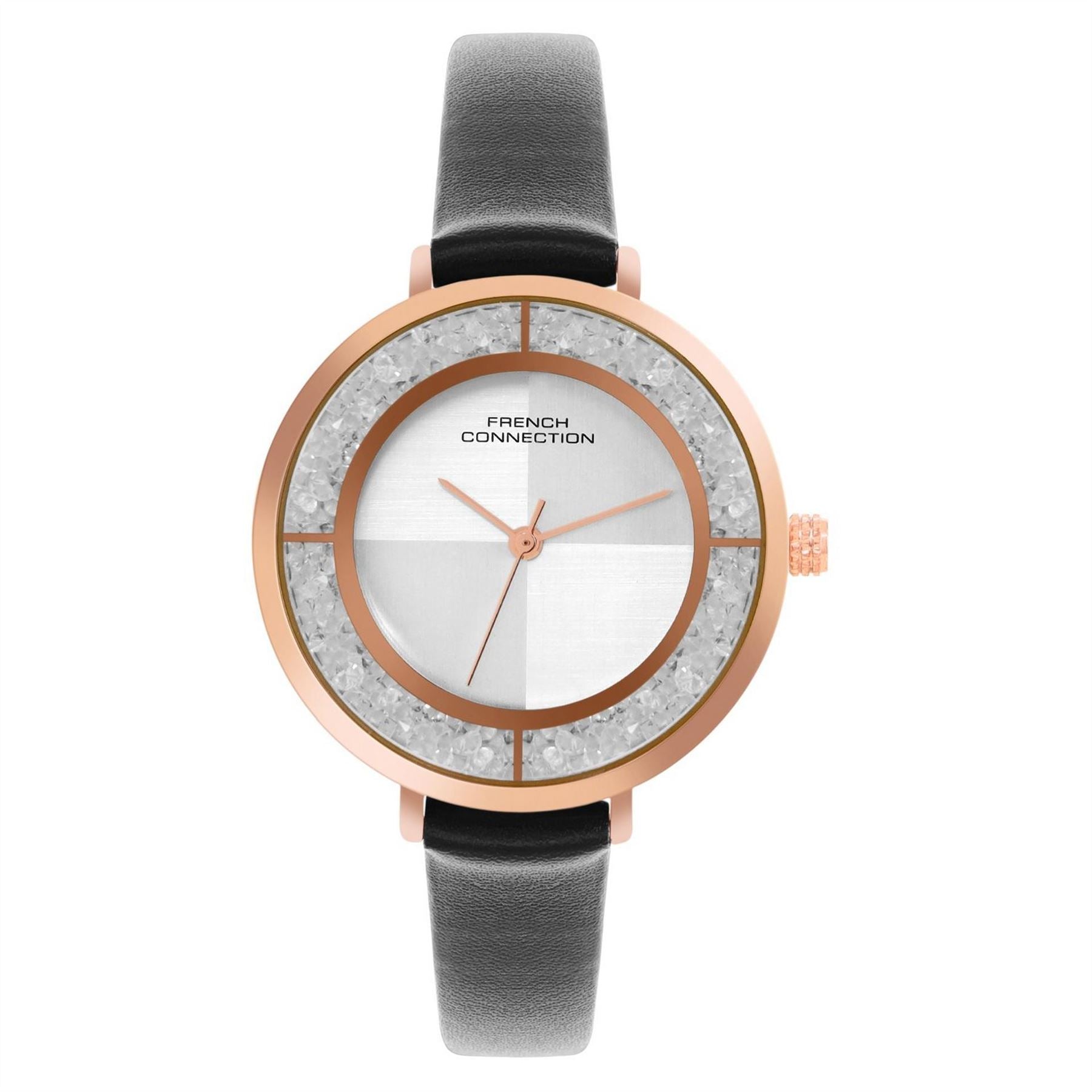 French Connection Connection Rose Case Round Shape Black Strap Quartz Watch
