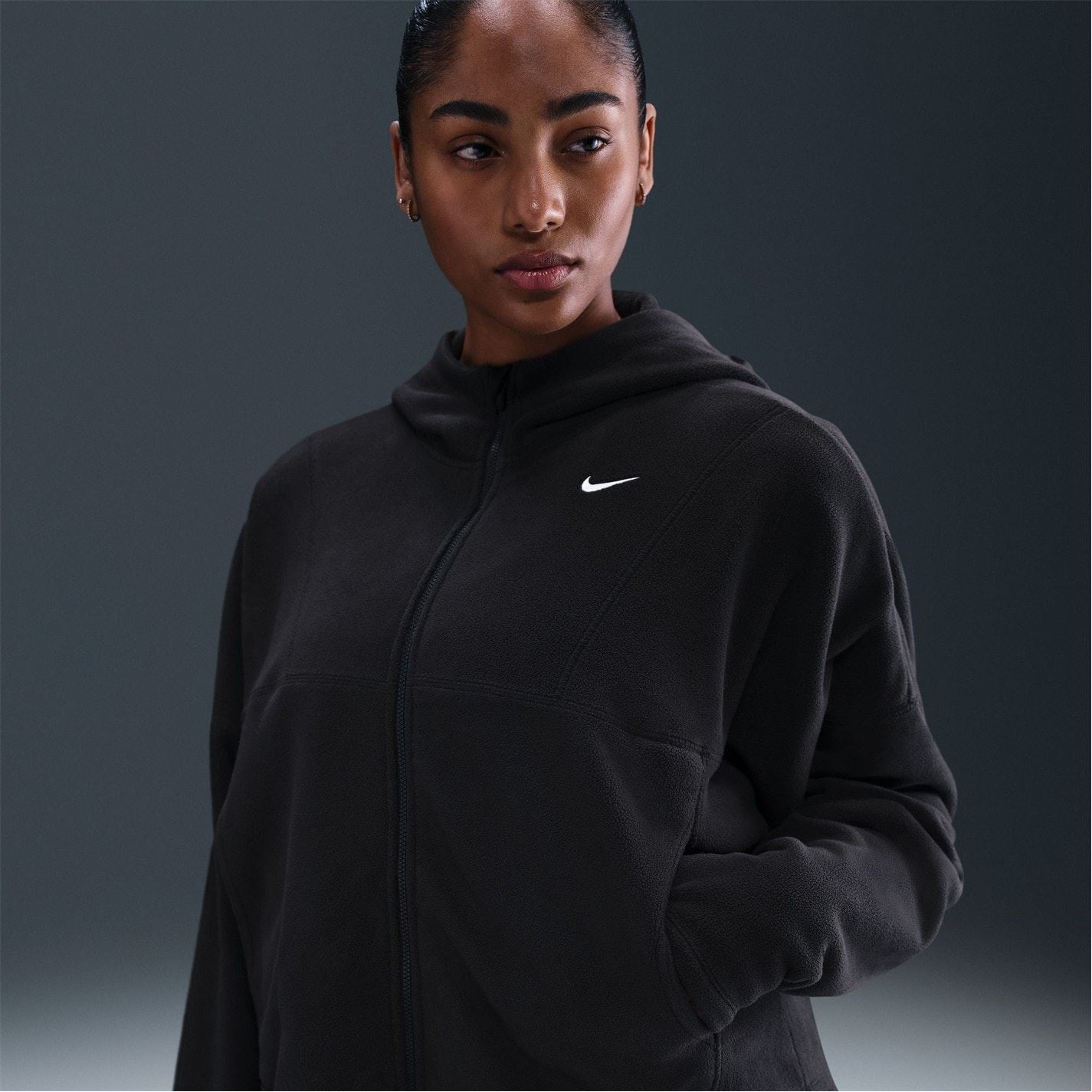 Nike One Polar Solid Patterned Hooded Full Zipper Ribbed Cuff Jacket