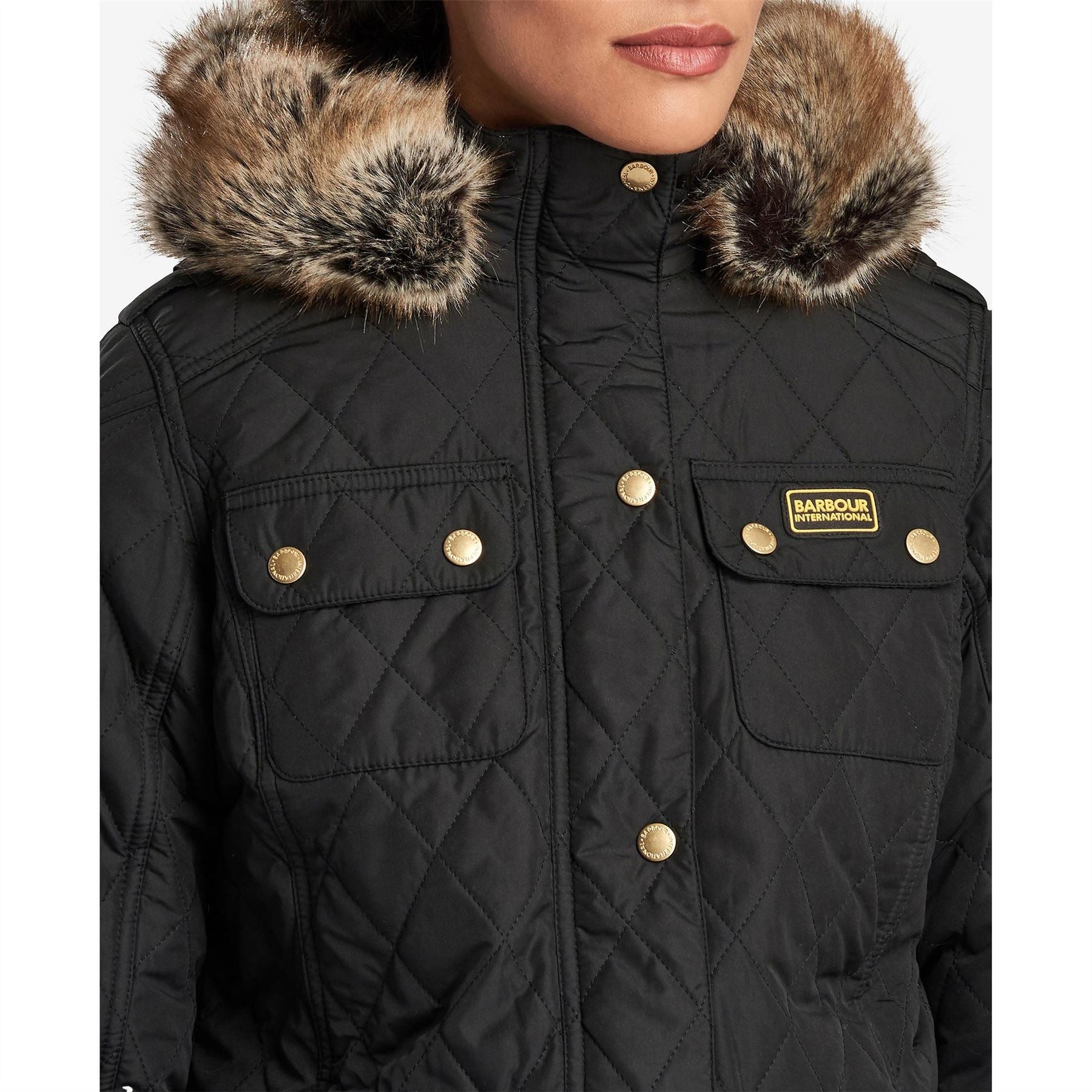 Barbour International Enduro Quilted Windproof Faux Fur Trim Mid Length Short Puffer Jacket