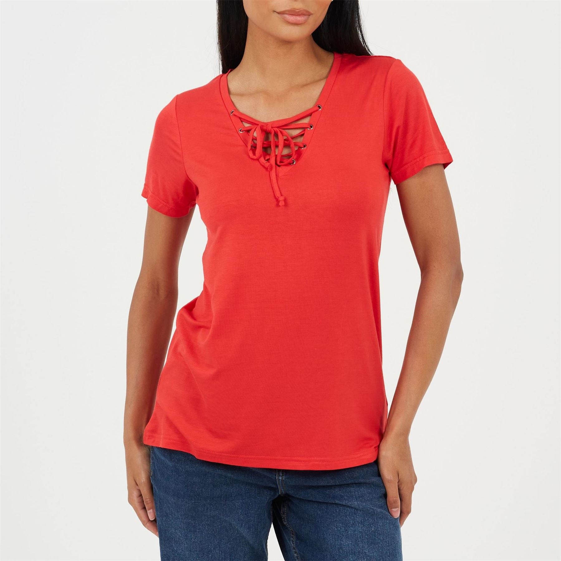 Brave Soul Womens Tie Detail Eyelet Neck T-Shirt